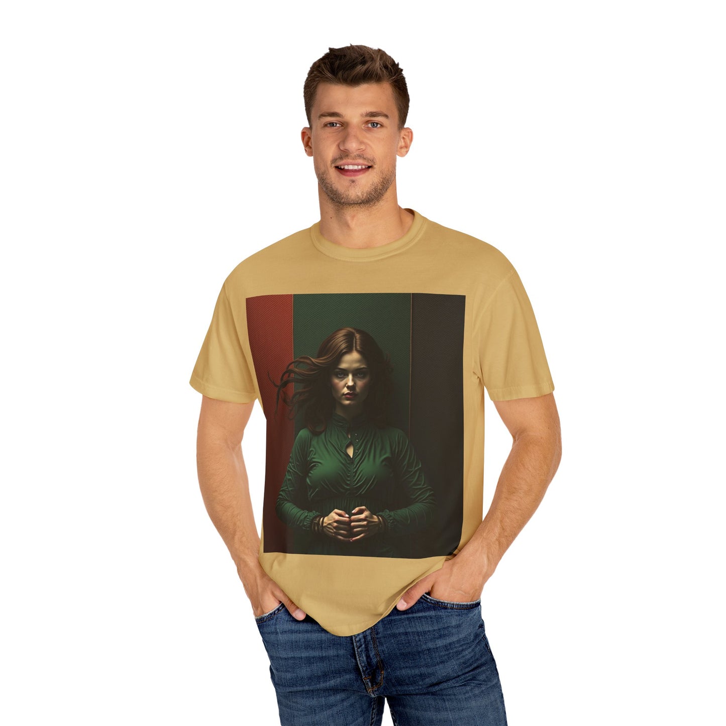 Portrait Photo Tee — Moody Green Woman Graphic T-Shirt