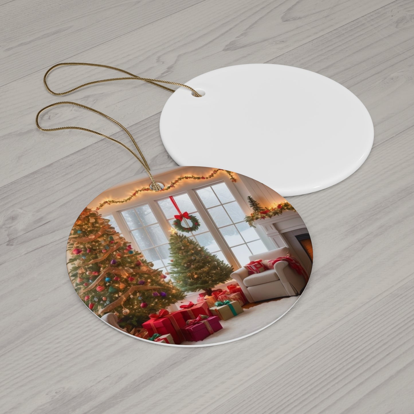 Christmas Living Room Ceramic Ornament — Holiday Tree & Gifts Round Keepsake