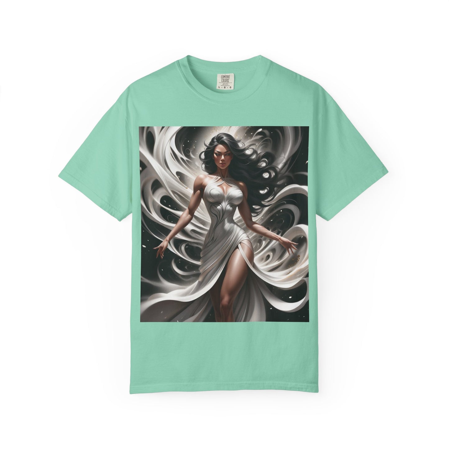 Goddess Art T-Shirt — Elegant White-Draped Fantasy Woman Print