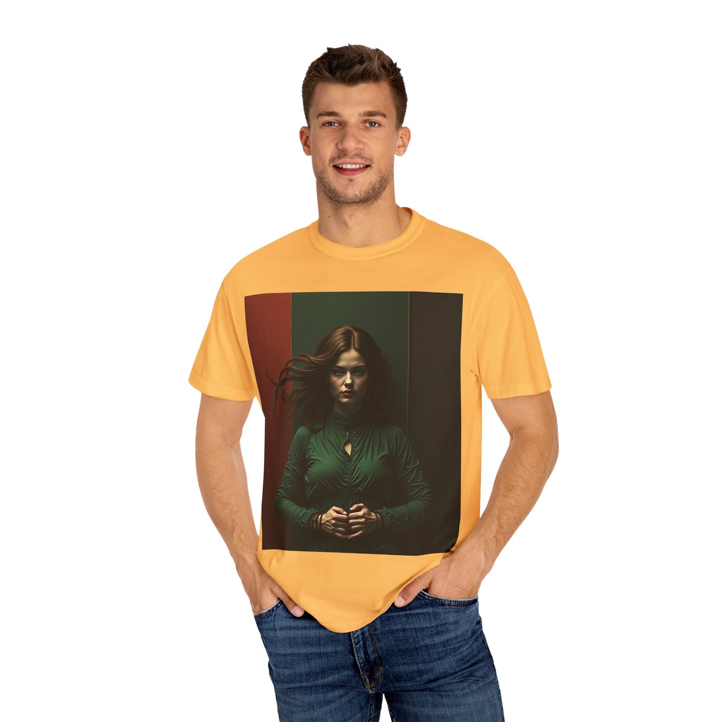 Portrait Photo Tee — Moody Green Woman Graphic T-Shirt