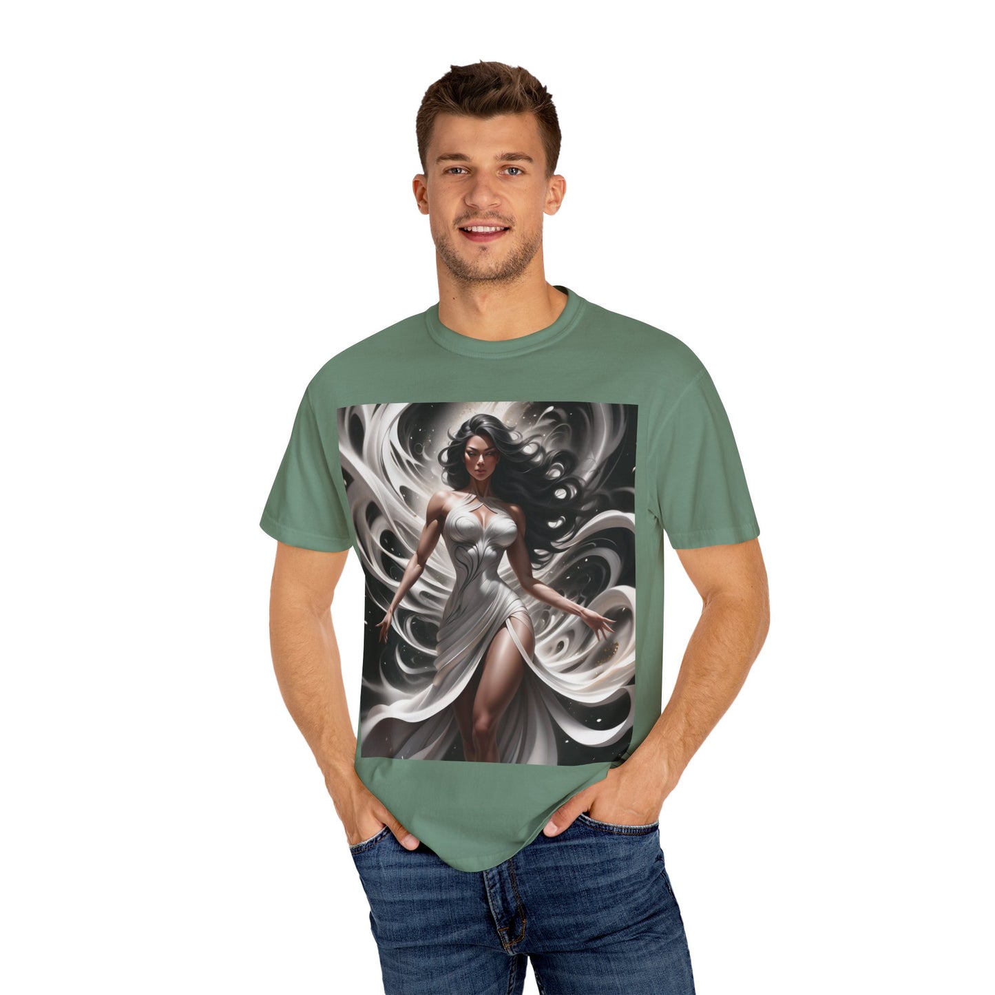 Goddess Art T-Shirt — Elegant White-Draped Fantasy Woman Print