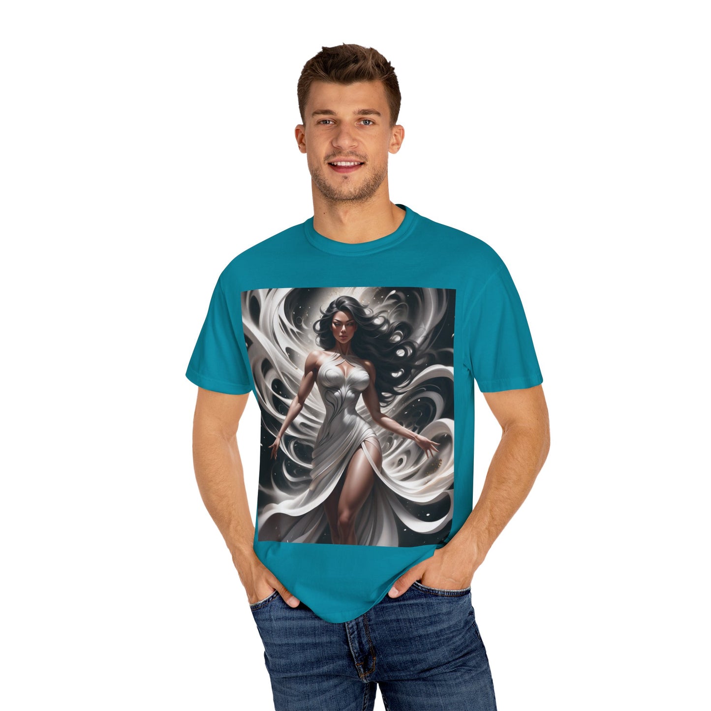 Goddess Art T-Shirt — Elegant White-Draped Fantasy Woman Print