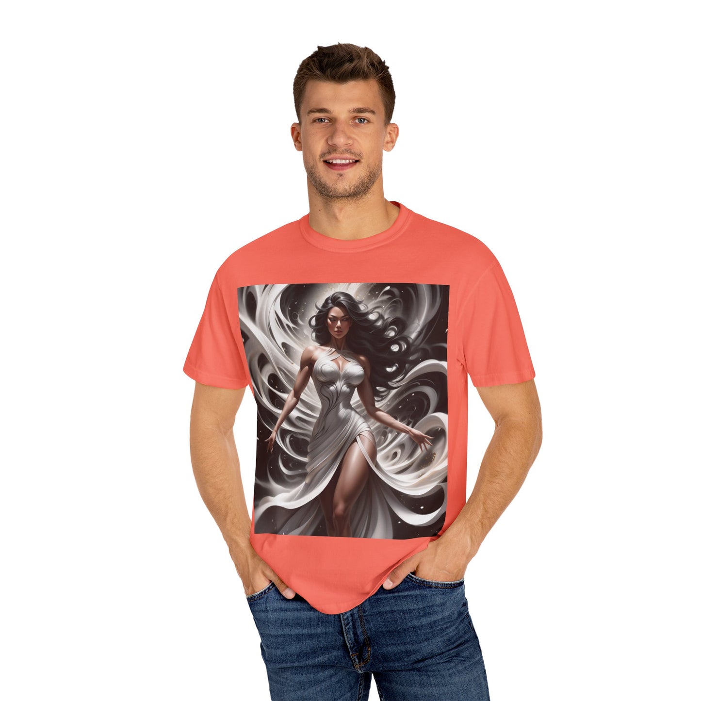 Goddess Art T-Shirt — Elegant White-Draped Fantasy Woman Print