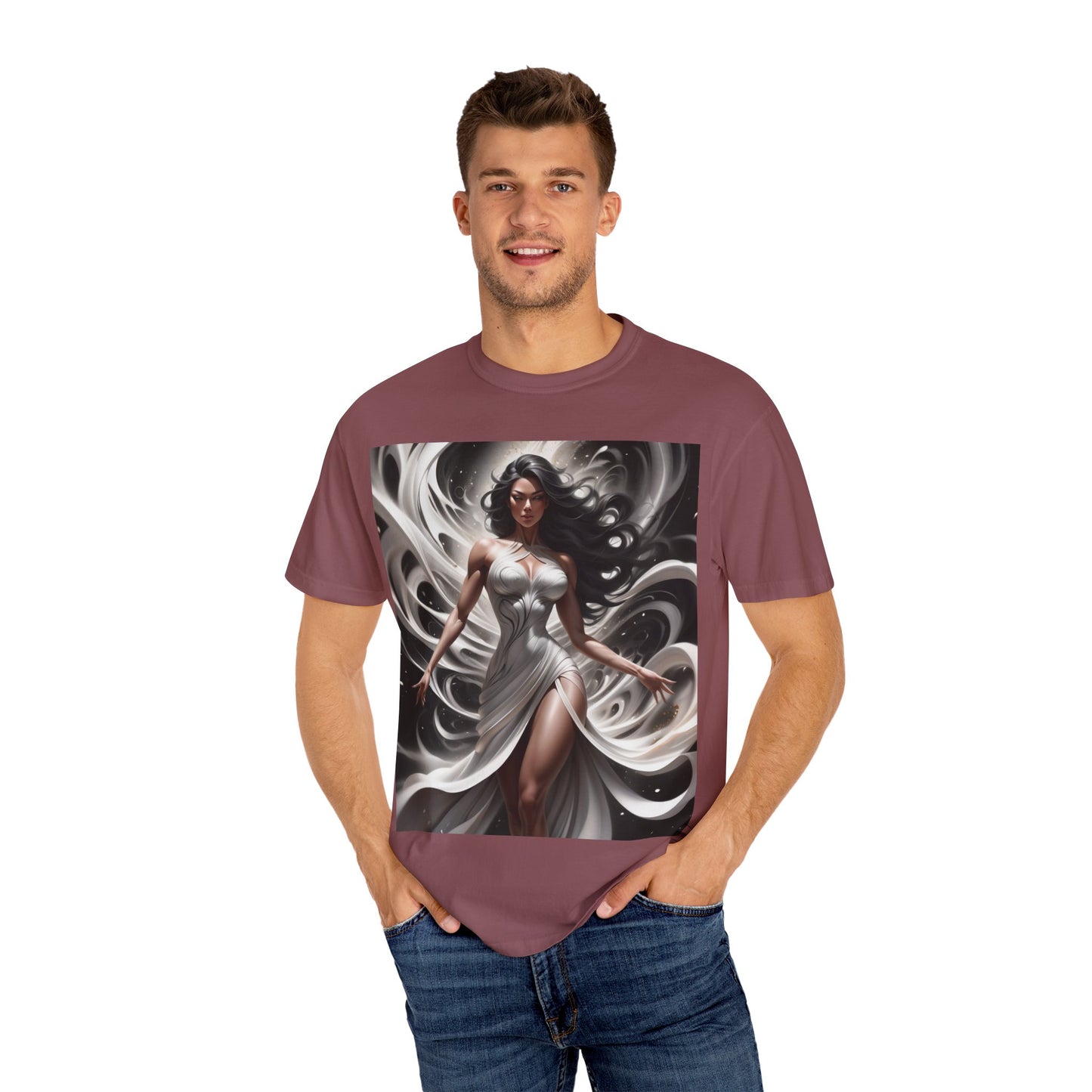 Goddess Art T-Shirt — Elegant White-Draped Fantasy Woman Print