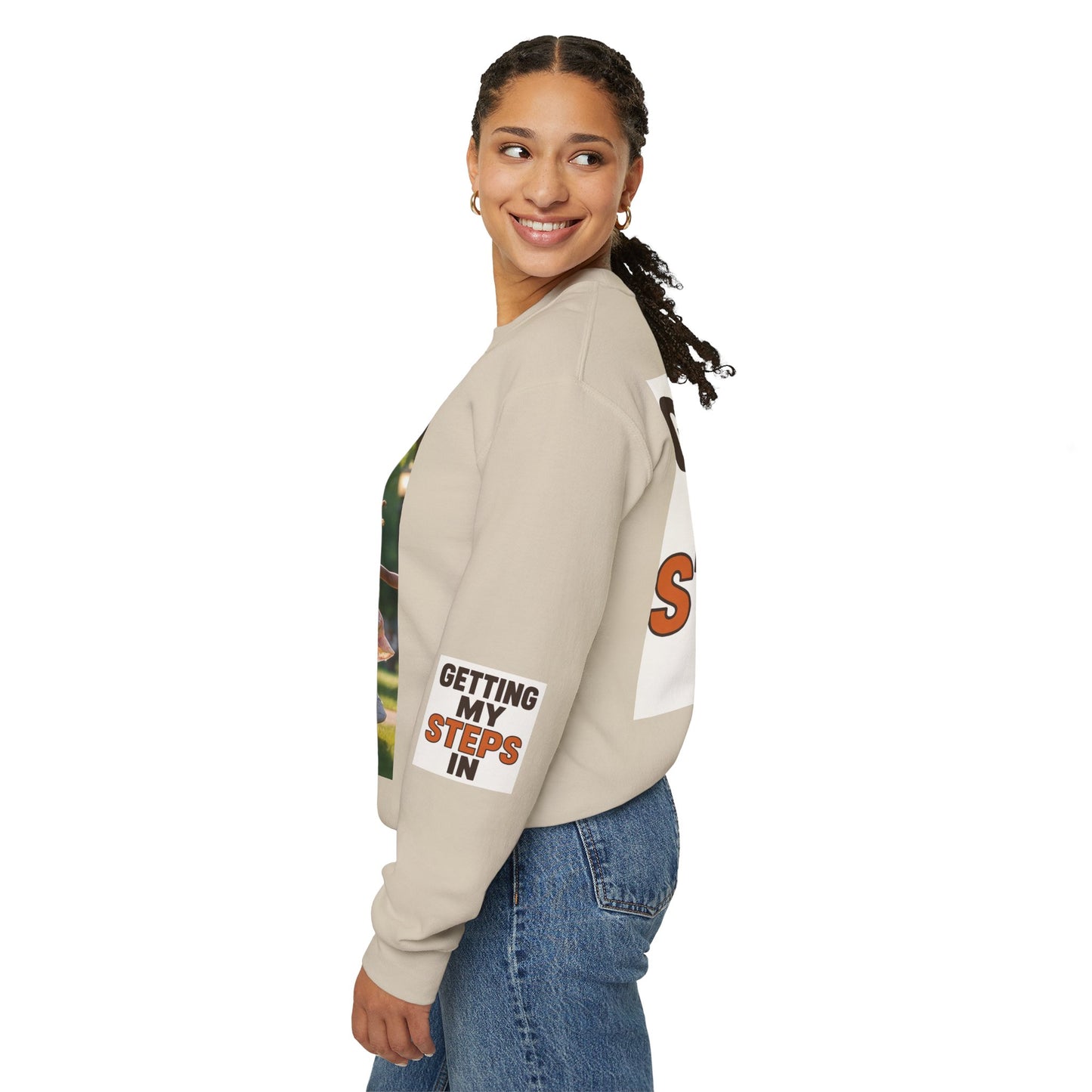 Crewneck Sweatshirt — "Getting My Steps In" Graphic with Kids Playing