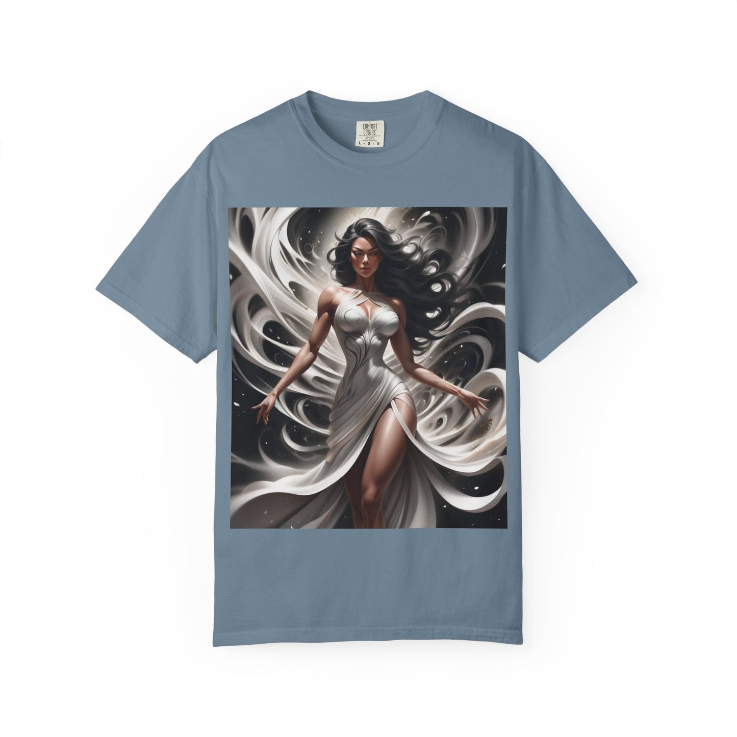 Goddess Art T-Shirt — Elegant White-Draped Fantasy Woman Print
