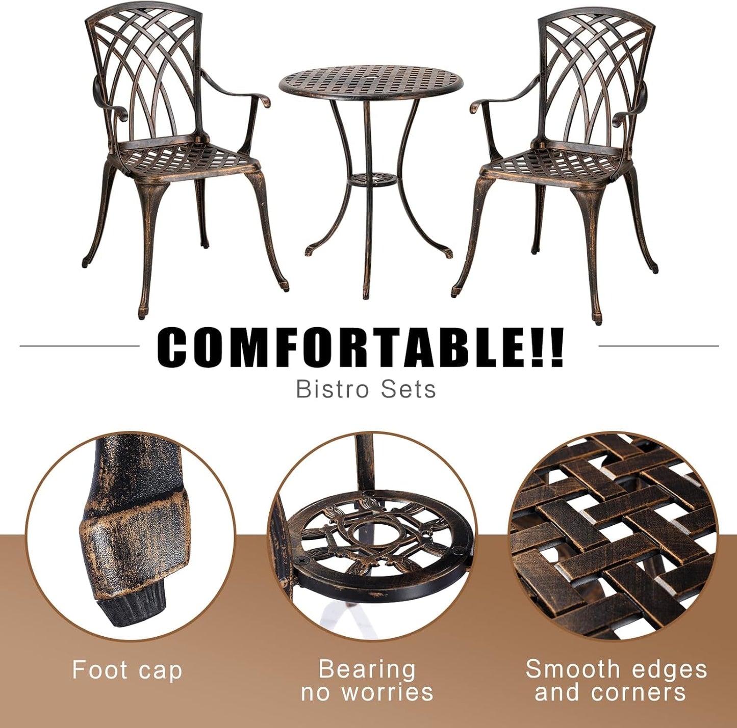 Bistro Set 3 Piece Rustproof Cast Aluminum Furniture Bronze-2