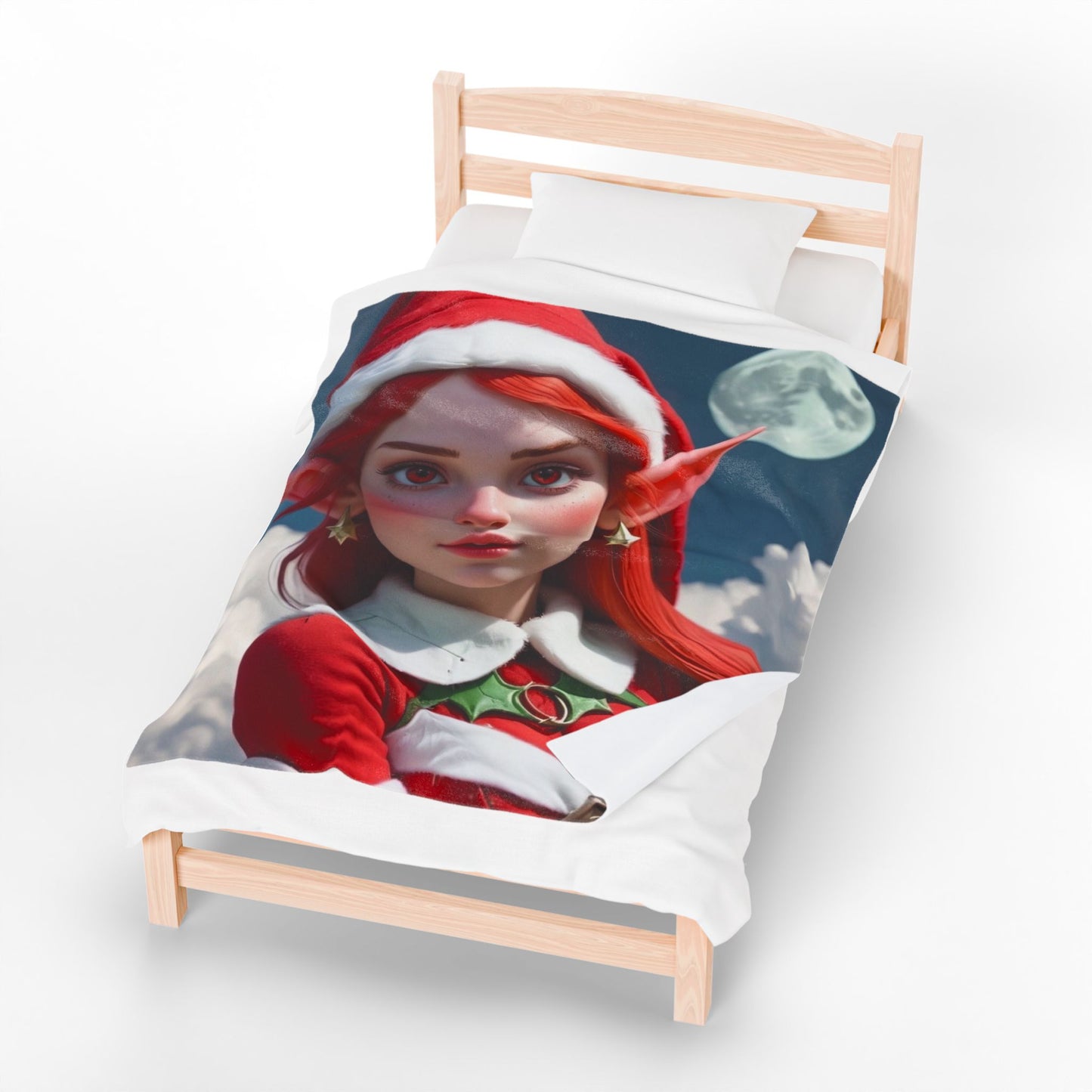 Christmas Elf Velveteen Plush Blanket — Cute Red-Haired Elf Moon Design