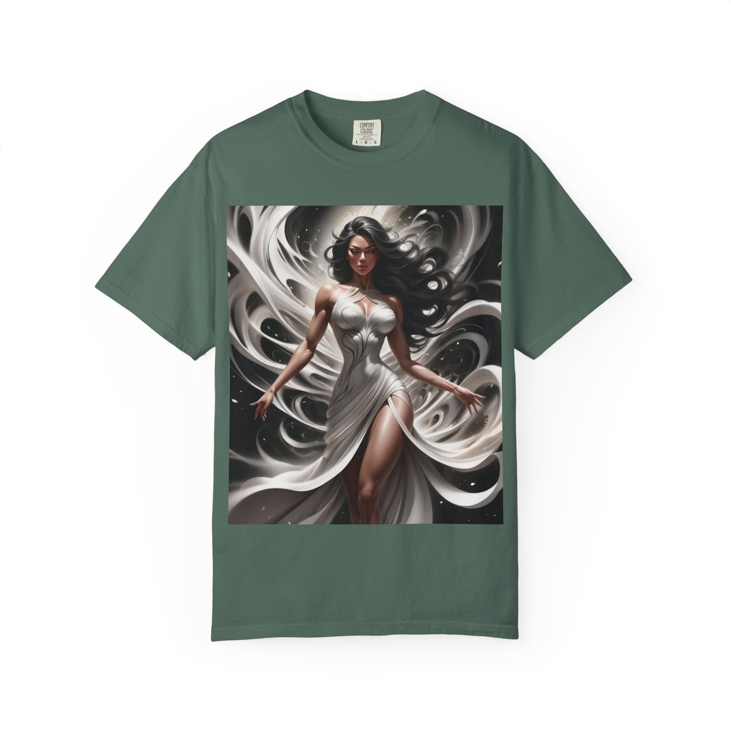 Goddess Art T-Shirt — Elegant White-Draped Fantasy Woman Print