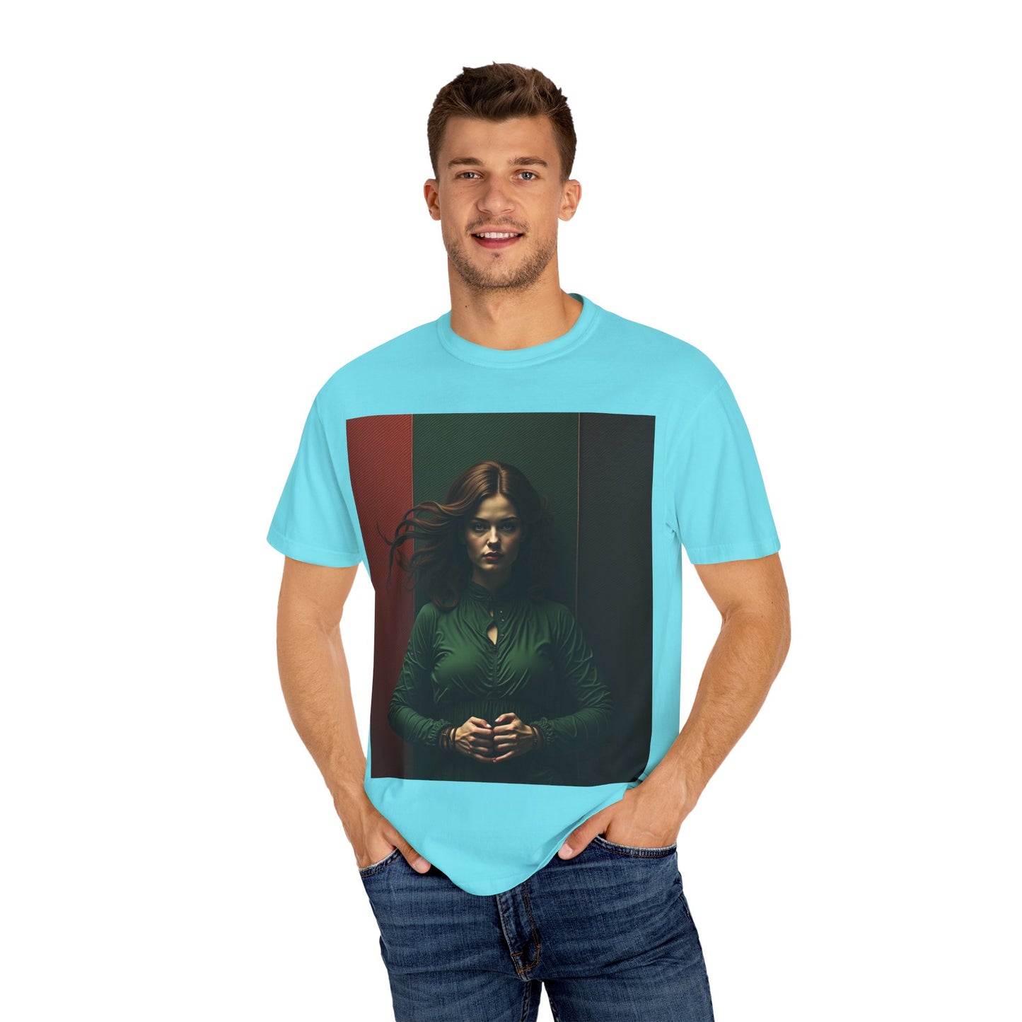 Portrait Photo Tee — Moody Green Woman Graphic T-Shirt