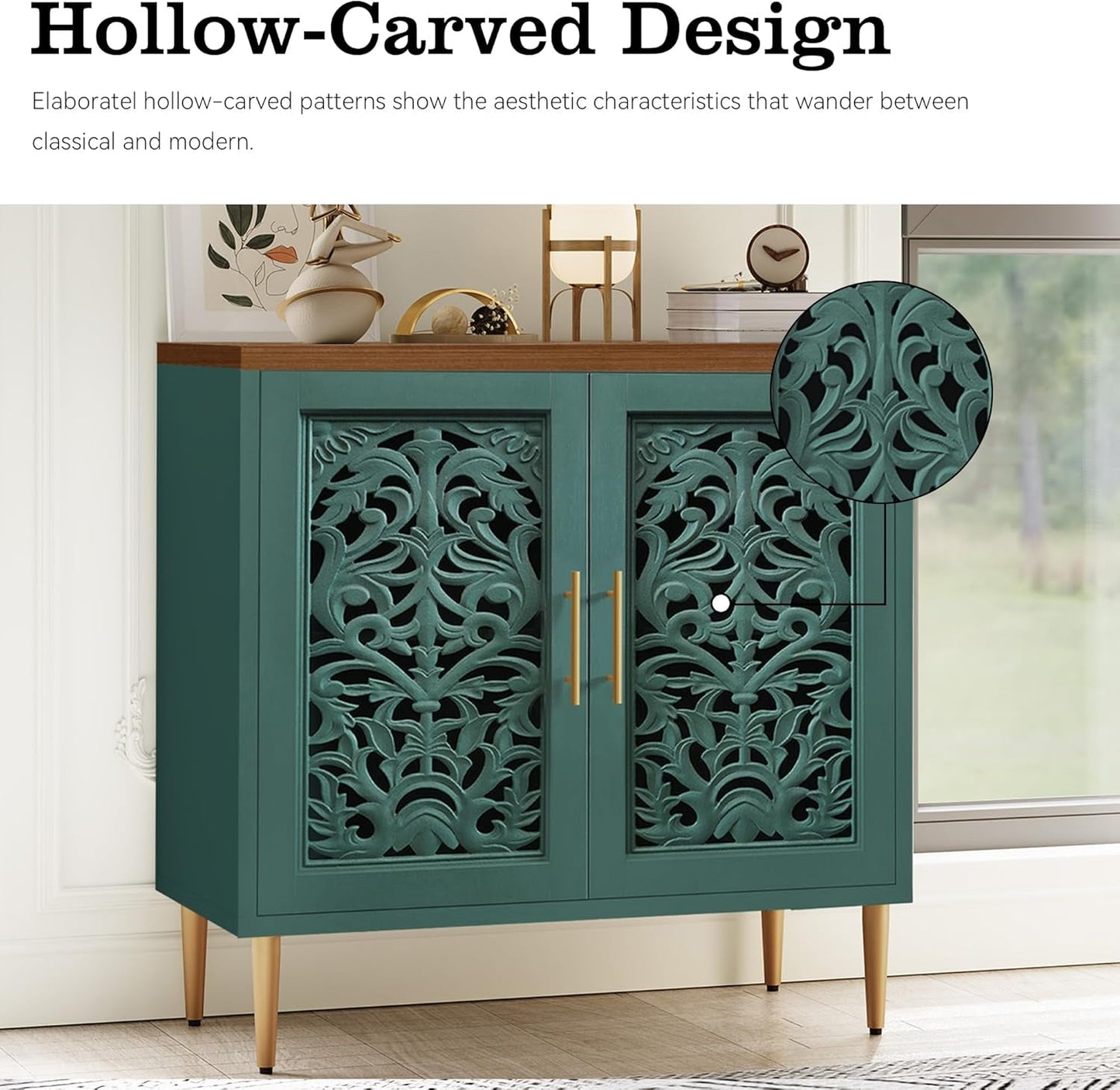 Green Accent Cabinet Carved Storage Vintage Furniture
