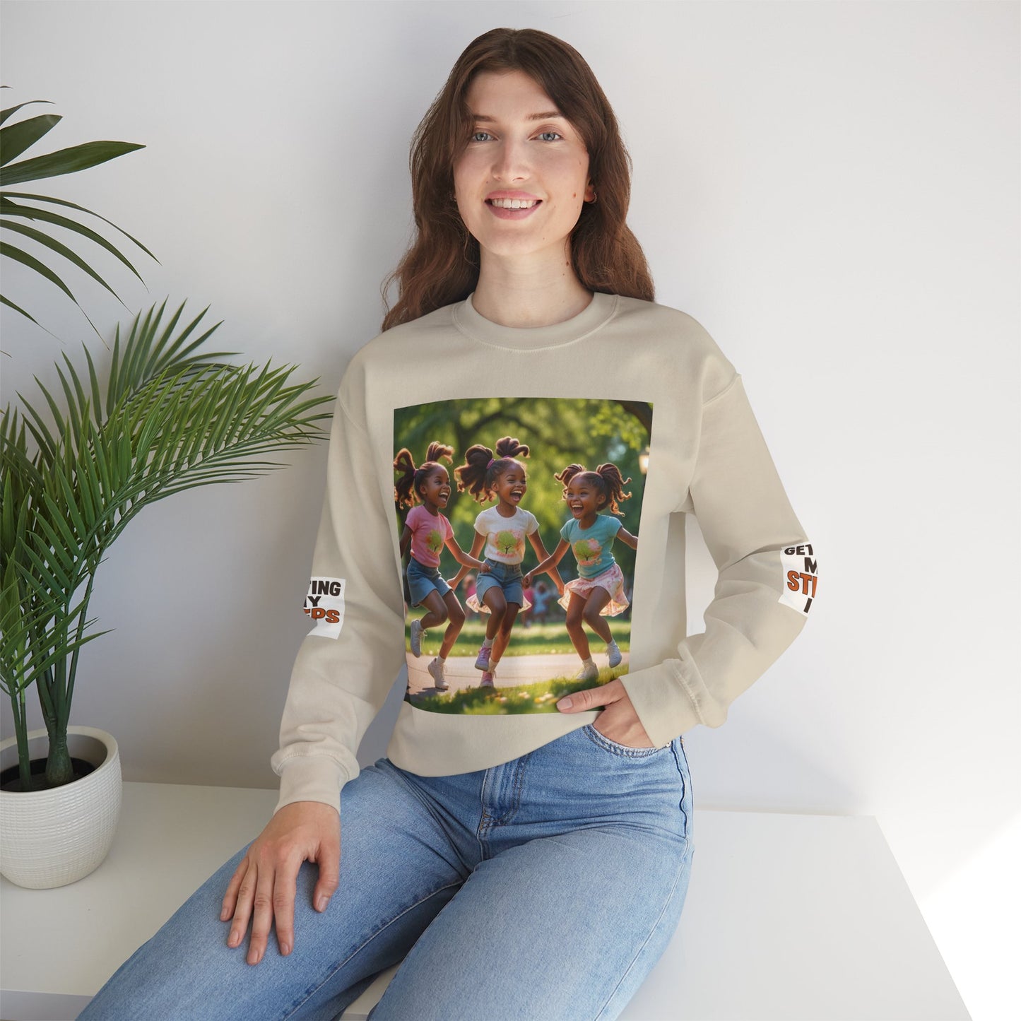 Crewneck Sweatshirt — "Getting My Steps In" Graphic with Kids Playing