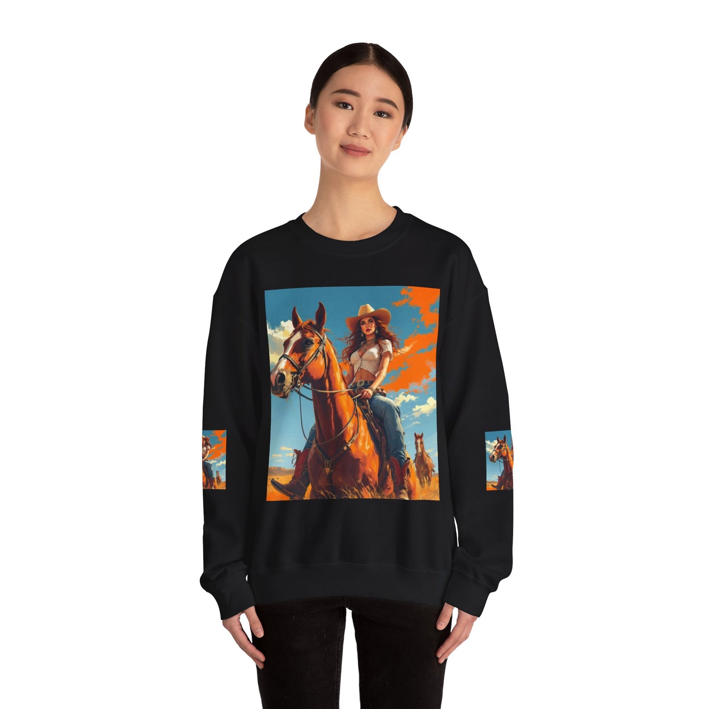 Cowgirl Riding Horse Sweatshirt — Western Sunset Graphic Crewneck