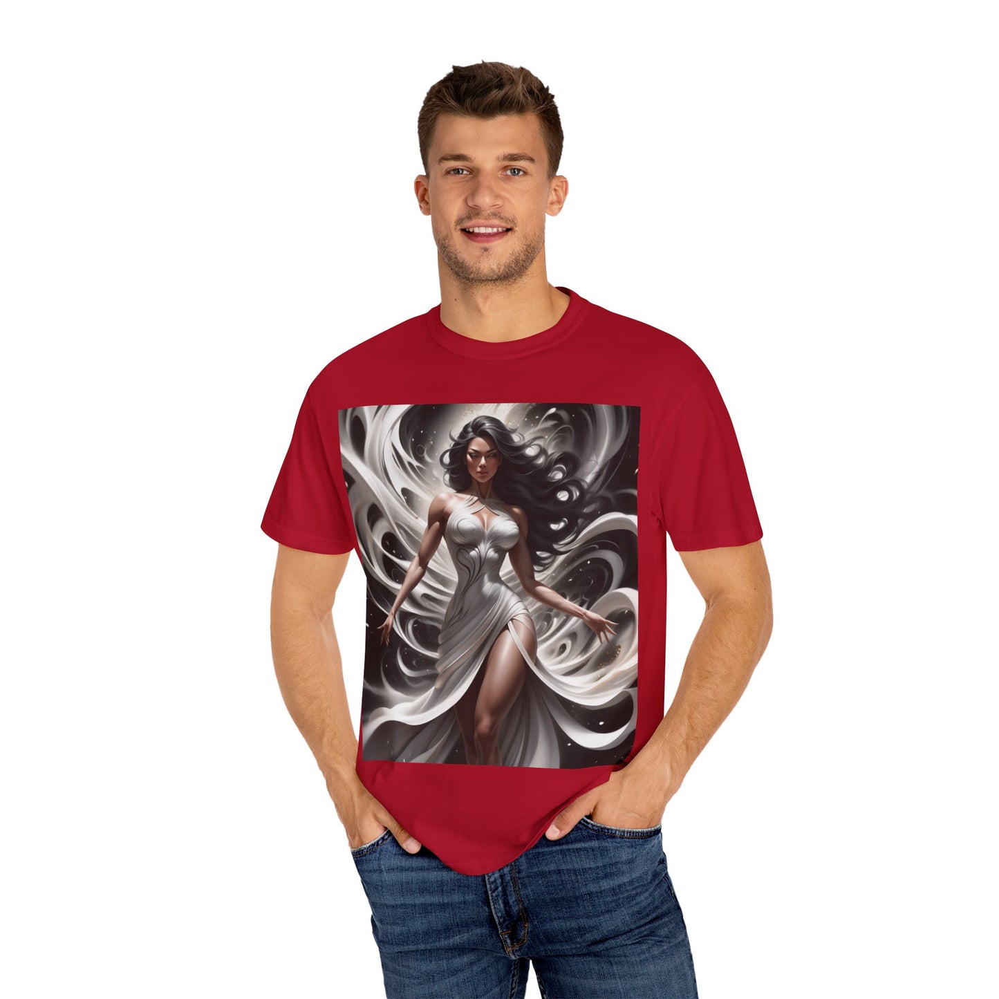 Goddess Art T-Shirt — Elegant White-Draped Fantasy Woman Print