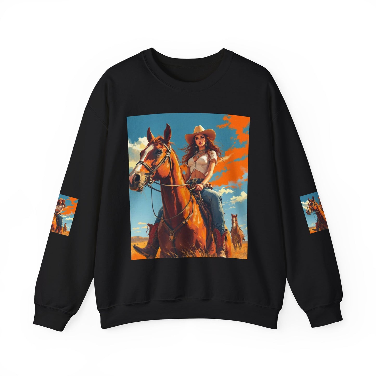Cowgirl Riding Horse Sweatshirt — Western Sunset Graphic Crewneck