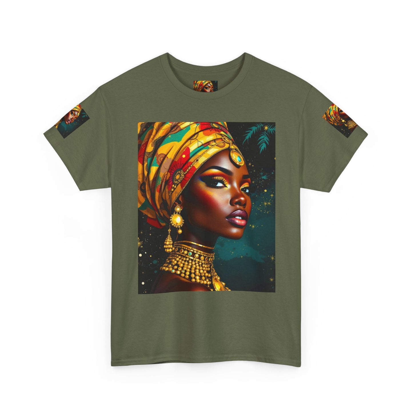 African Queen Portrait T-Shirt — Bold Headwrap & Gold Jewelry Graphic Tee
