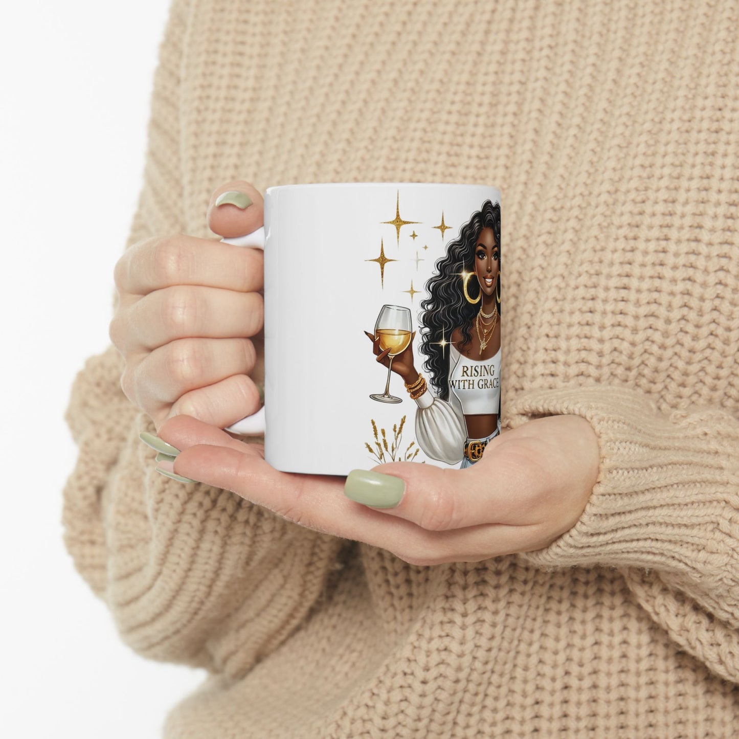Ceramic Mug — "Rising With Grace" Black Woman Illustration Inspirational Coffee Cup (11oz, 15oz)
