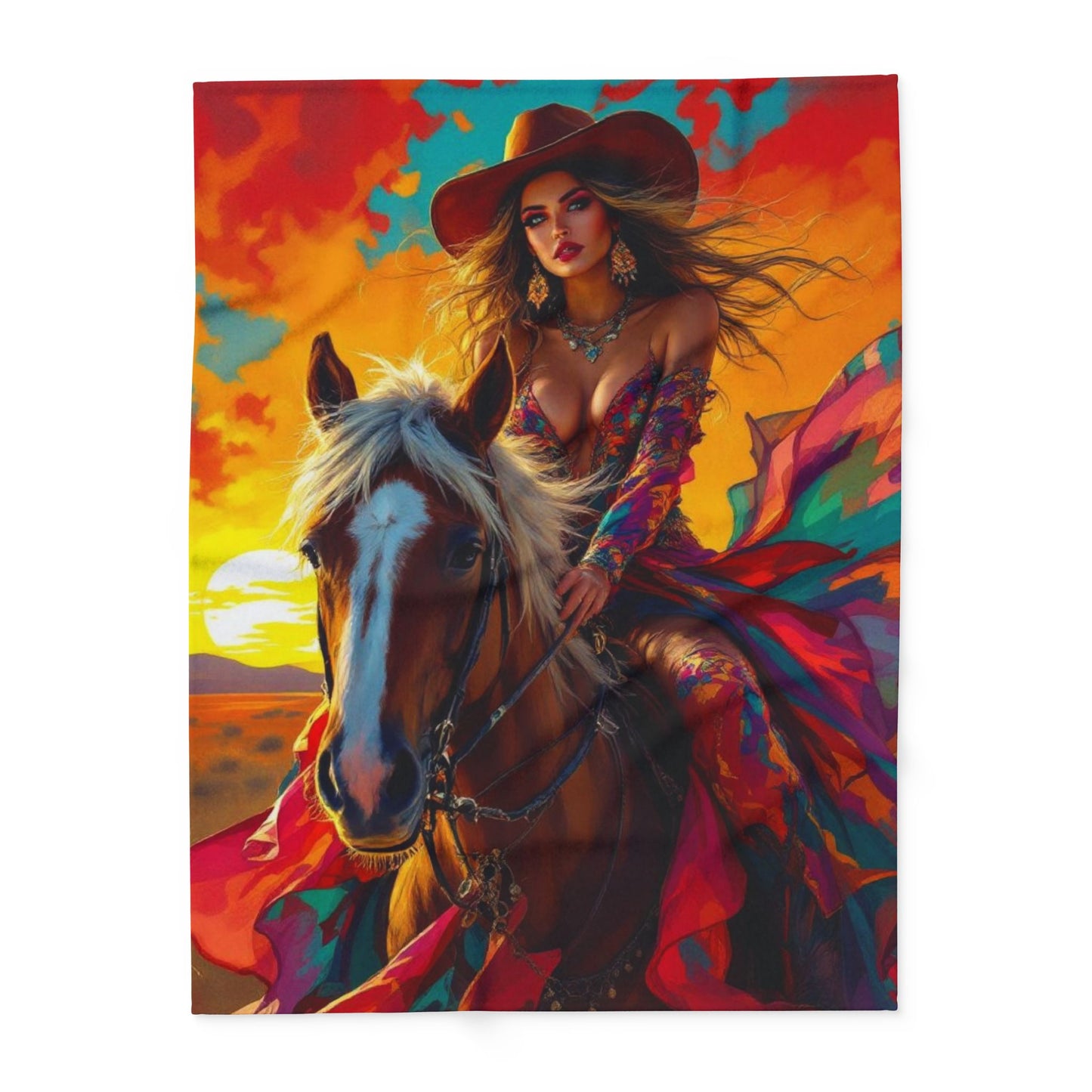 Western Sunset Horse Fleece Blanket — Colorful Cowgirl Riding Print