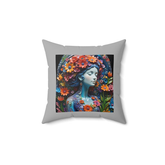 Floral Muse Decorative Pillow — Blue Goddess with Colorful Flowers
