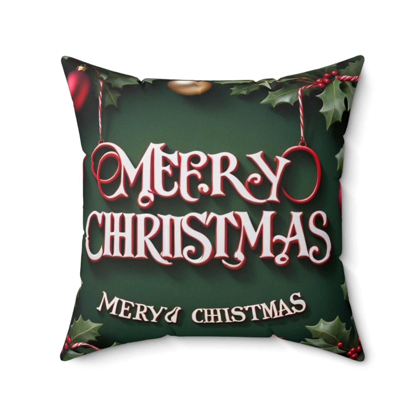 Merry Christmas Decorative Pillow — Festive Green Holiday Throw Pillow with Holly & Ornaments