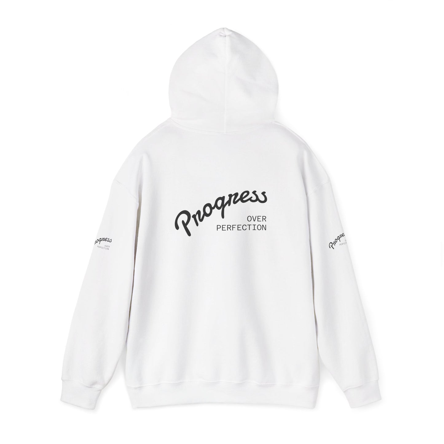 Progress Over Perfection Hoodie — Inspirational Minimalist White Pullover