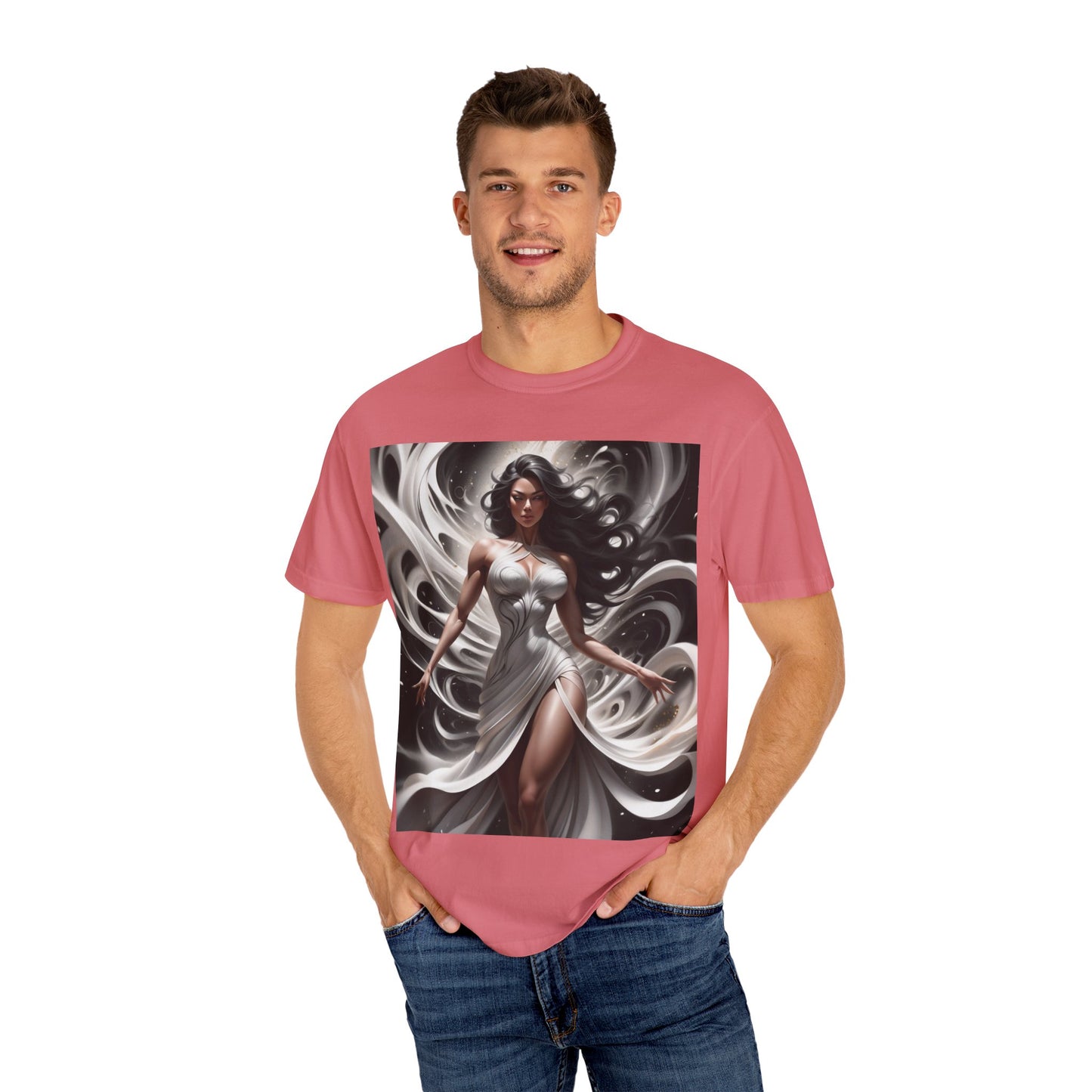 Goddess Art T-Shirt — Elegant White-Draped Fantasy Woman Print