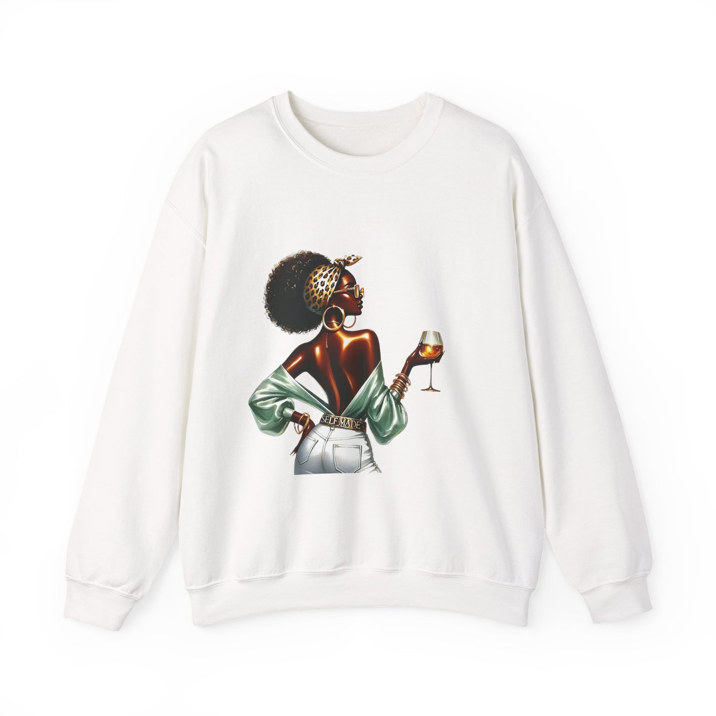 Afro Chic Woman Holding Wine Crewneck Sweatshirt — Stylish Black Girl Art Pullover