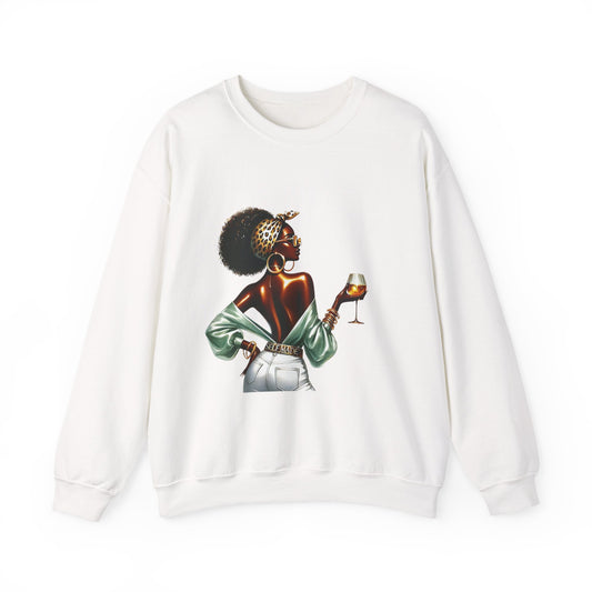 Afro Chic Woman Holding Wine Crewneck Sweatshirt — Stylish Black Girl Art Pullover