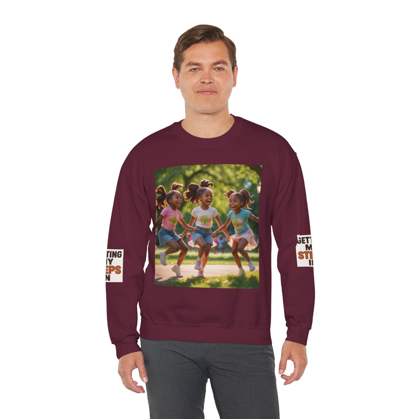 Crewneck Sweatshirt — "Getting My Steps In" Graphic with Kids Playing