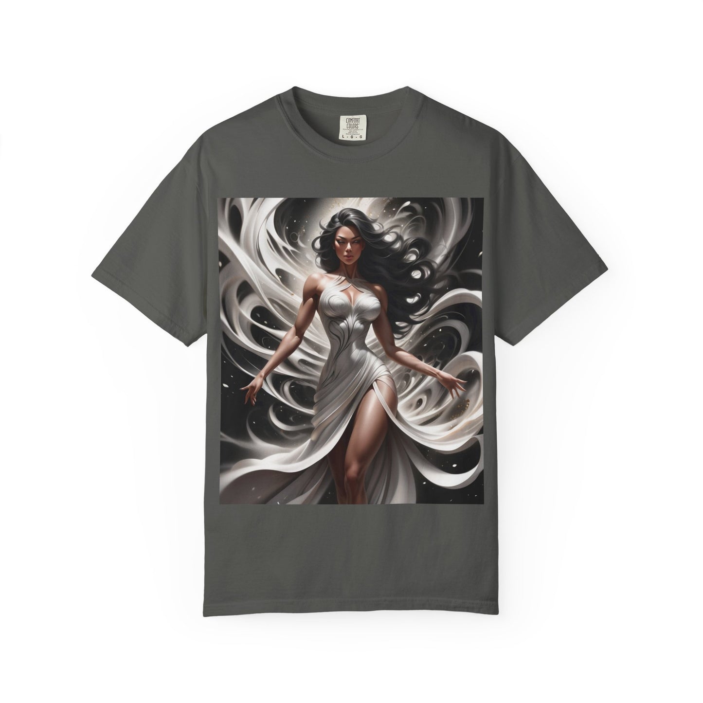 Goddess Art T-Shirt — Elegant White-Draped Fantasy Woman Print
