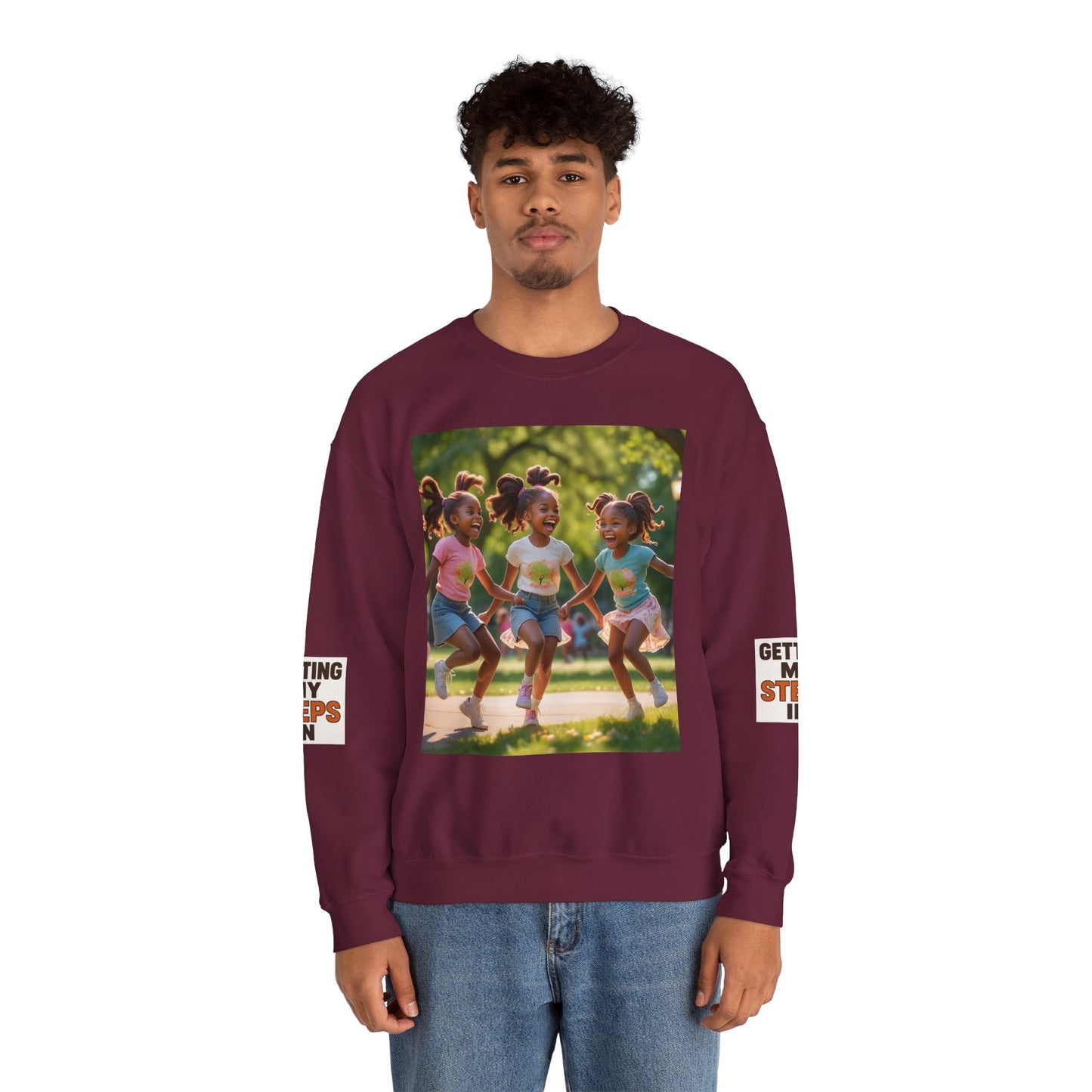 Crewneck Sweatshirt — "Getting My Steps In" Graphic with Kids Playing