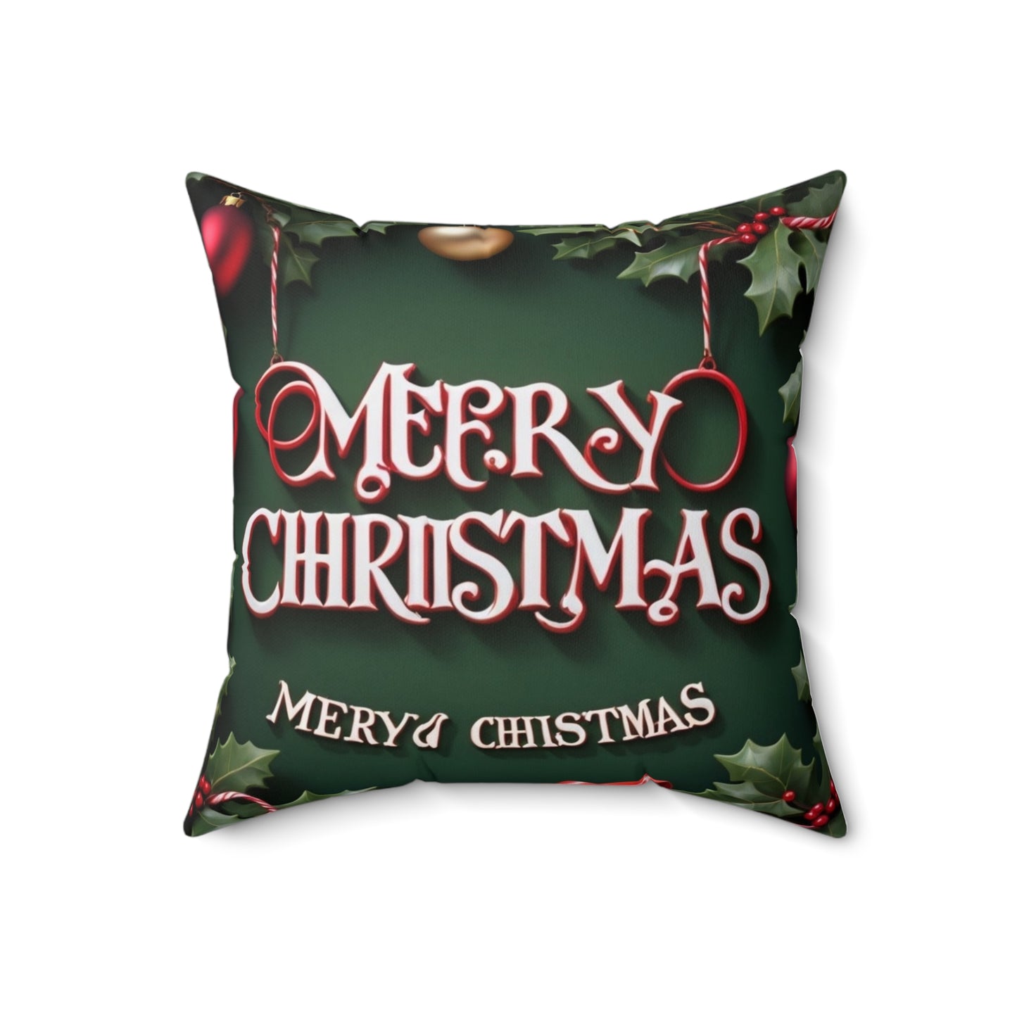 Merry Christmas Decorative Pillow — Festive Green Holiday Throw Pillow with Holly & Ornaments