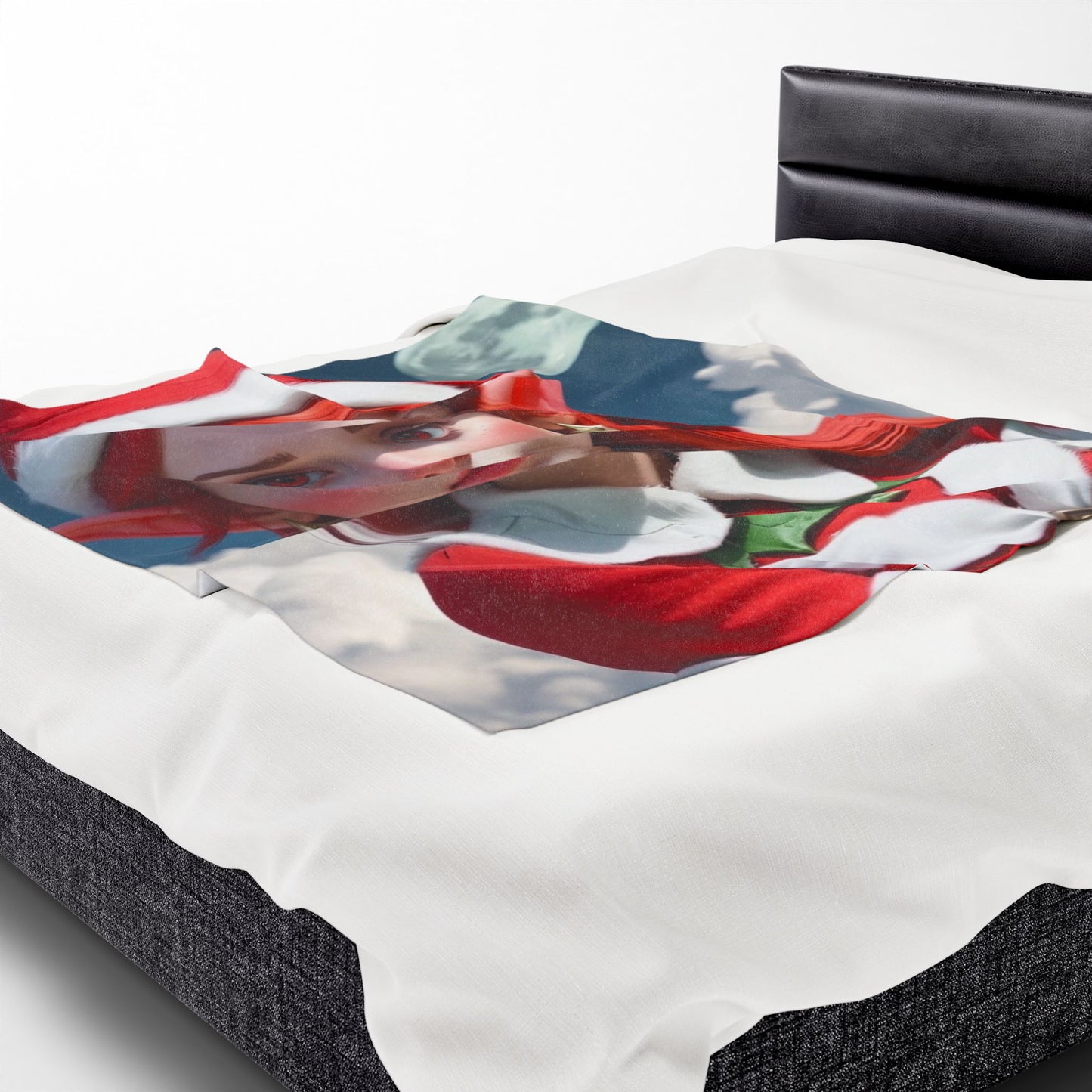 Christmas Elf Velveteen Plush Blanket — Cute Red-Haired Elf Moon Design