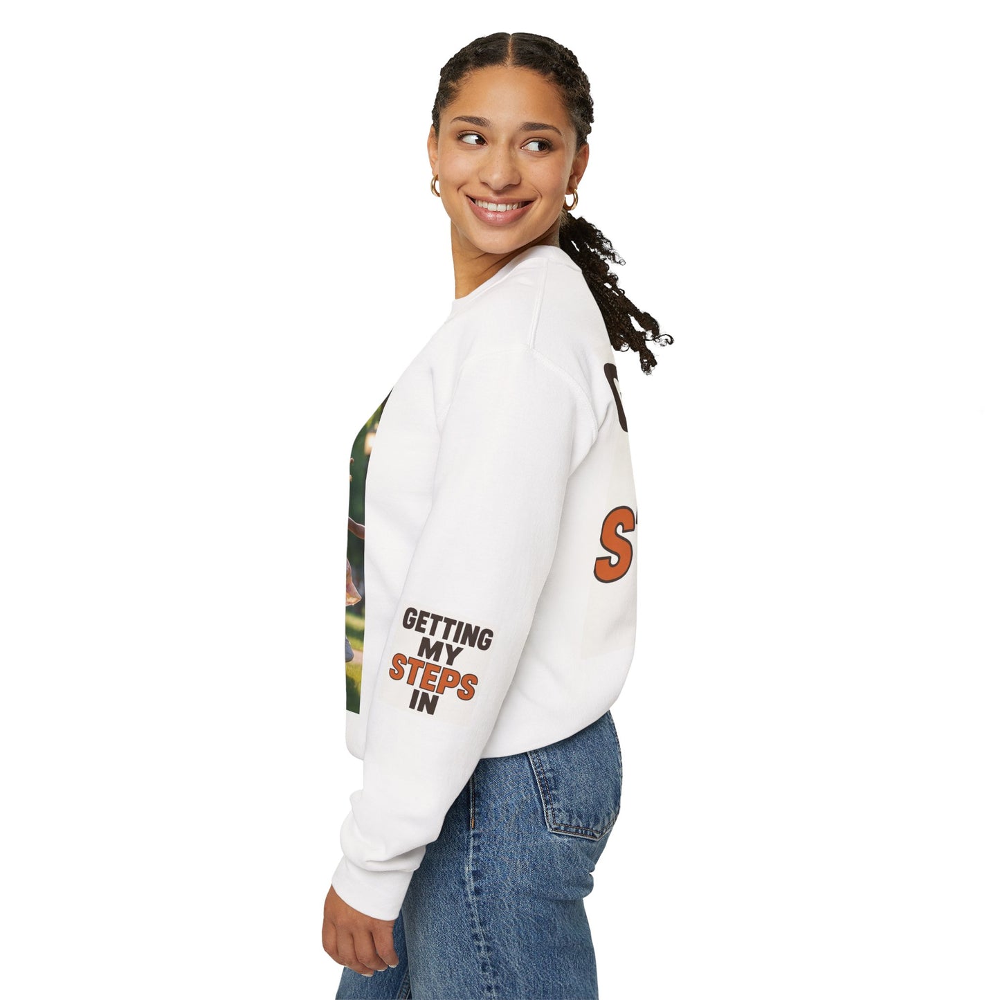 Crewneck Sweatshirt — "Getting My Steps In" Graphic with Kids Playing