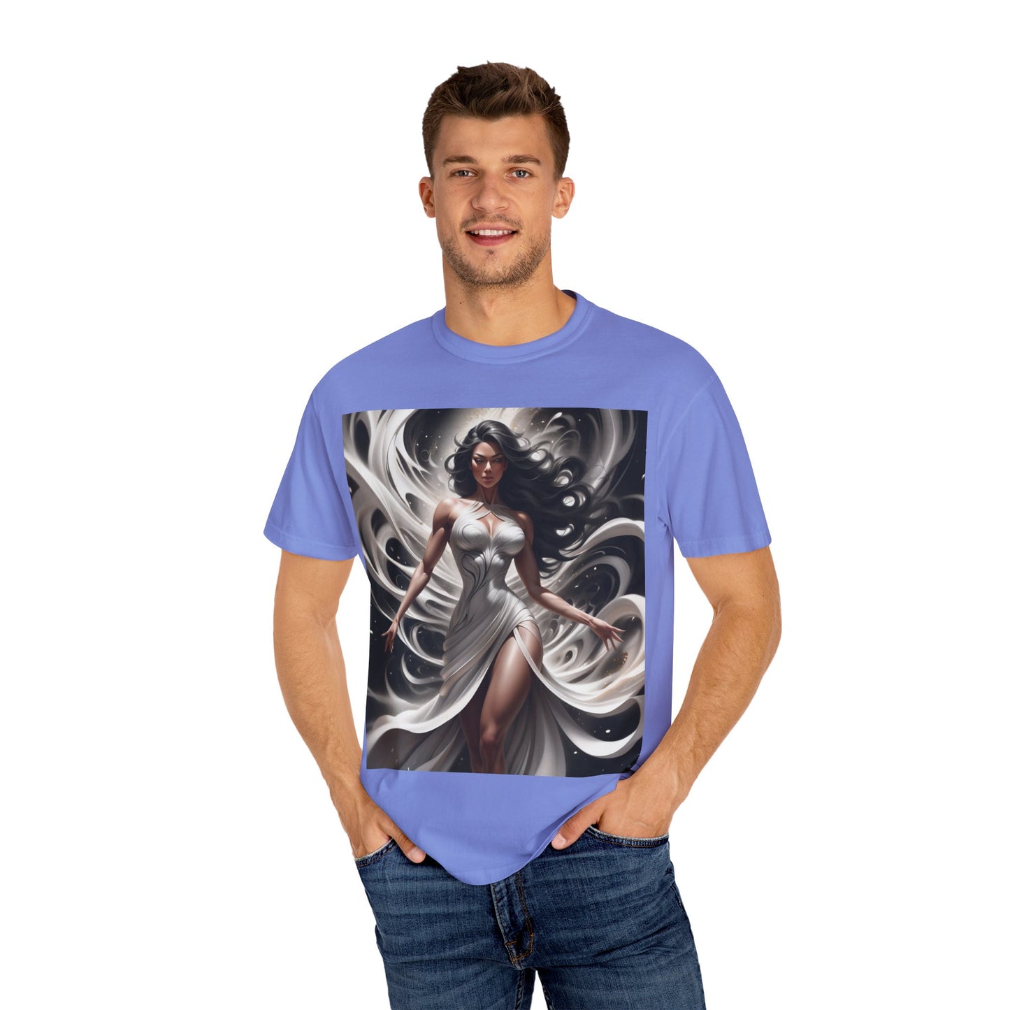 Goddess Art T-Shirt — Elegant White-Draped Fantasy Woman Print