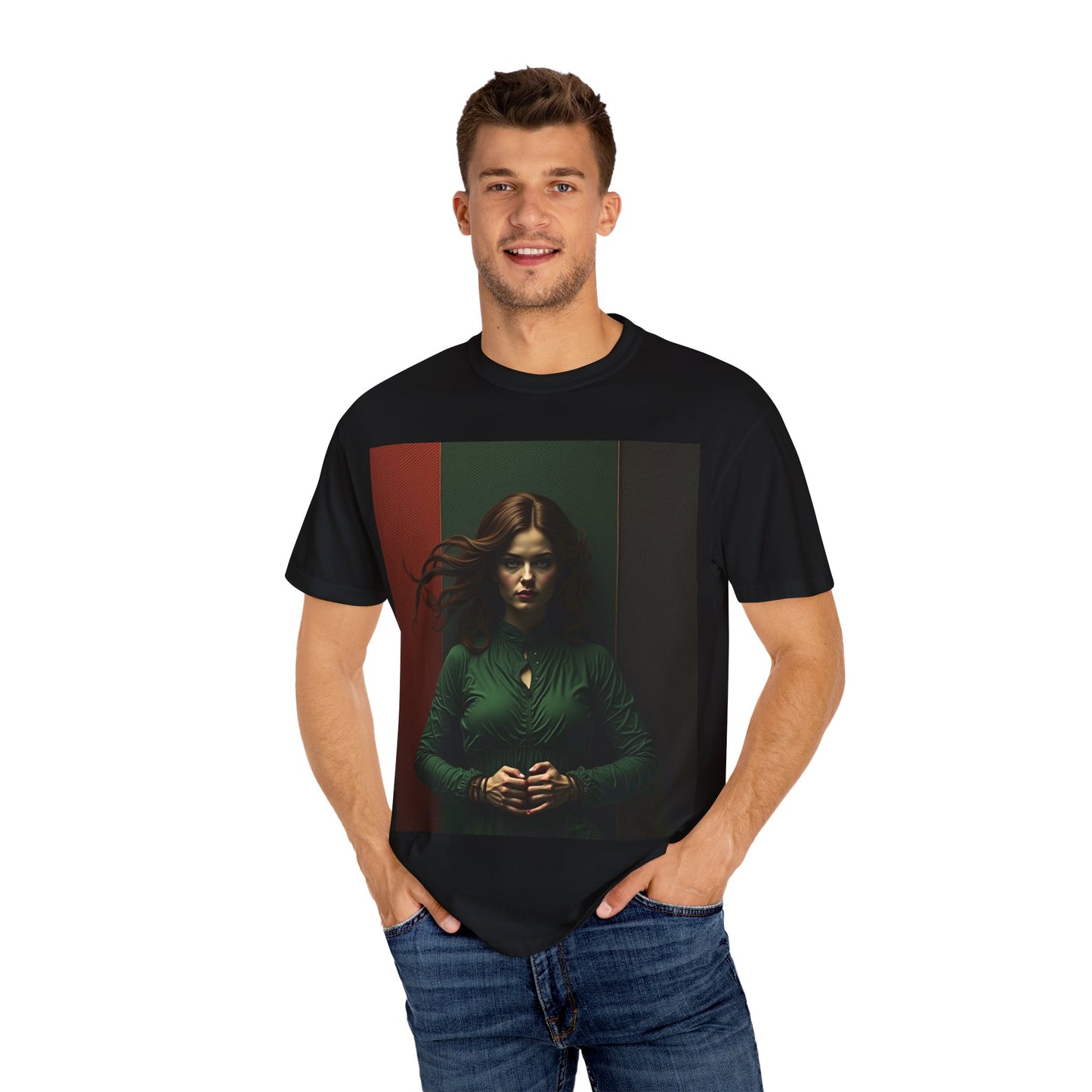 Portrait Photo Tee — Moody Green Woman Graphic T-Shirt