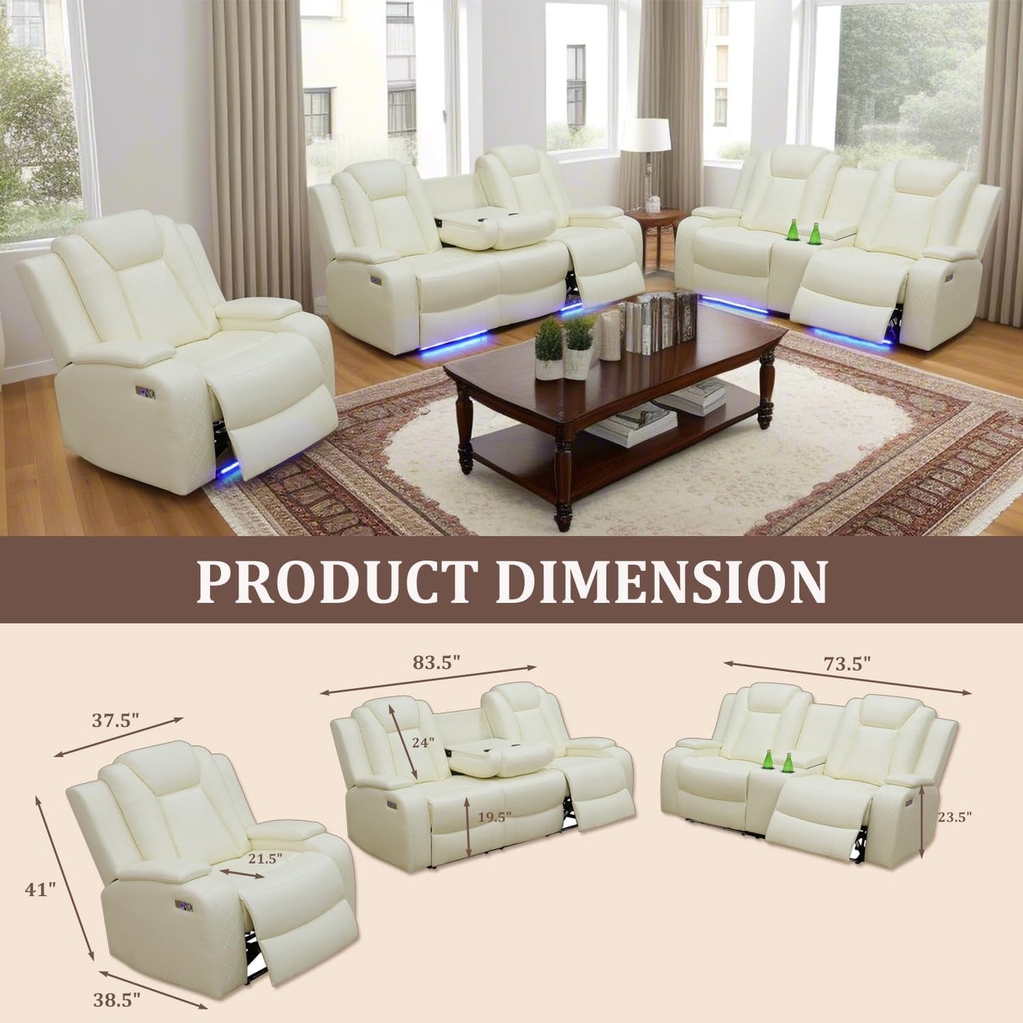 Power Reclining Sofa Set White Living Room Furniture