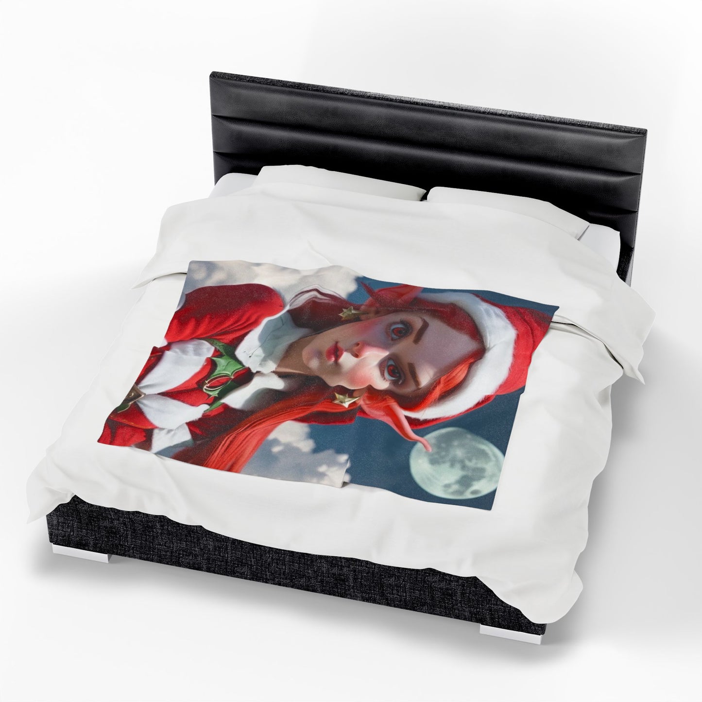 Christmas Elf Velveteen Plush Blanket — Cute Red-Haired Elf Moon Design