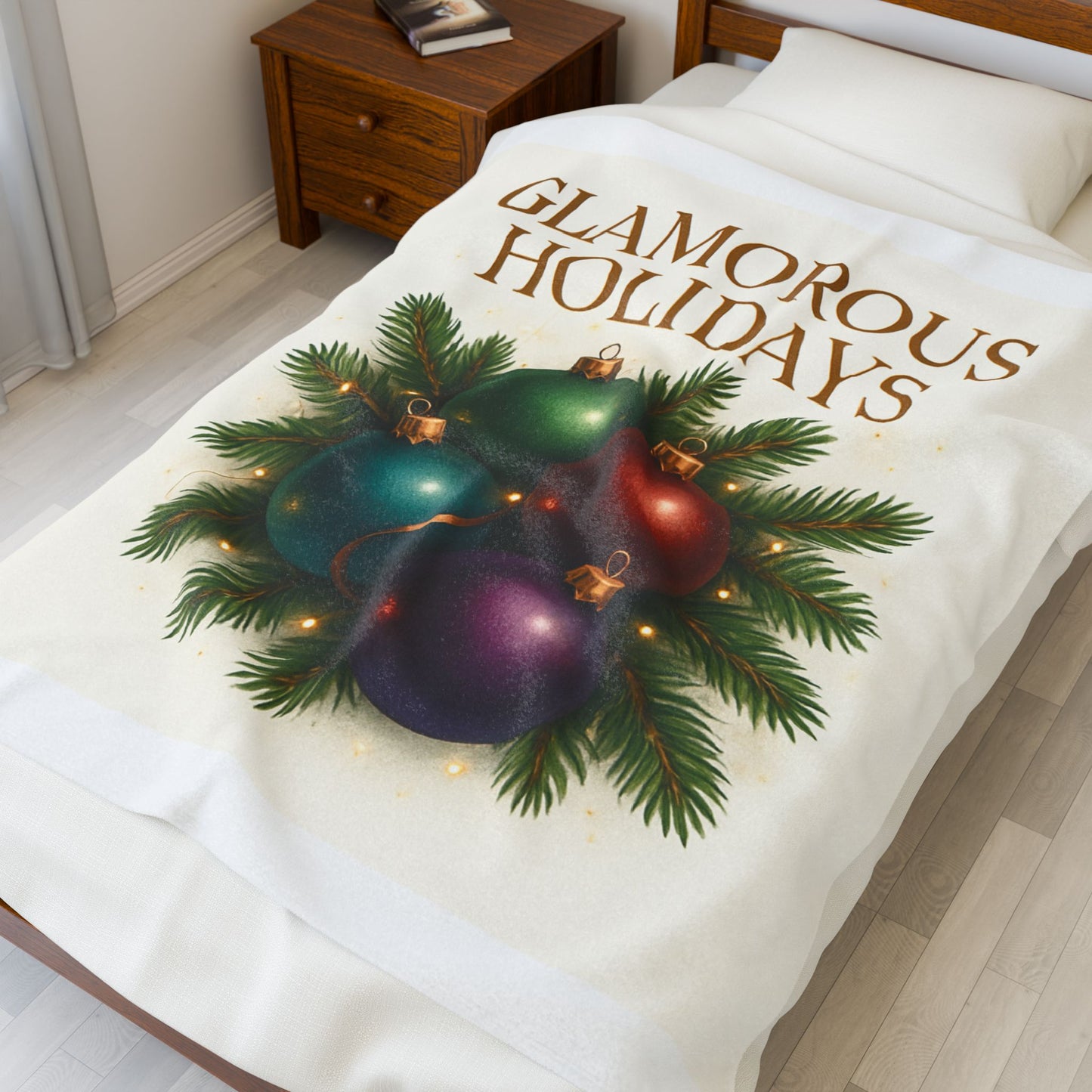 Glamorous Holidays Velveteen Plush Blanket — Festive Christmas Ornaments Cozy Throw