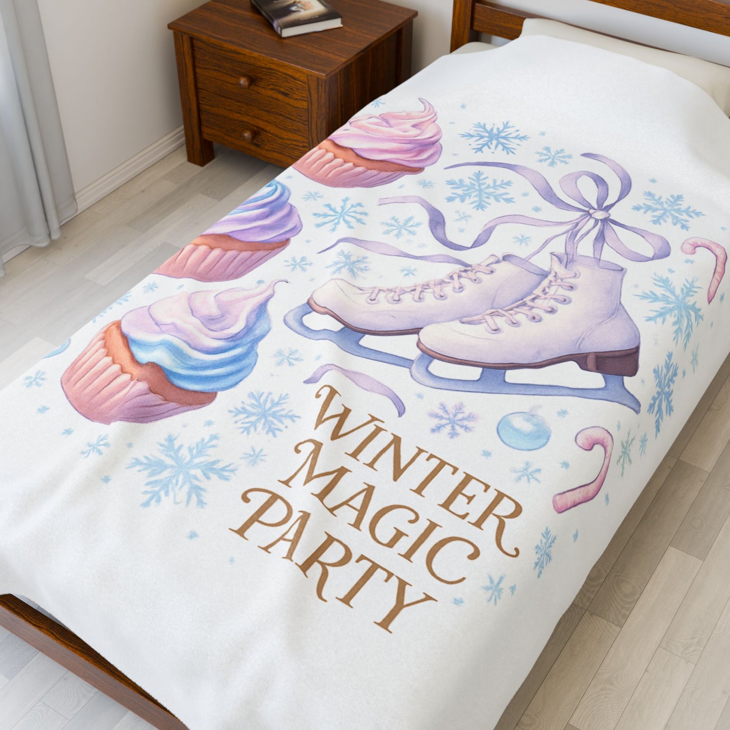 Winter Magic Party Velveteen Plush Blanket — Ice Skates & Cupcakes Cozy Throw