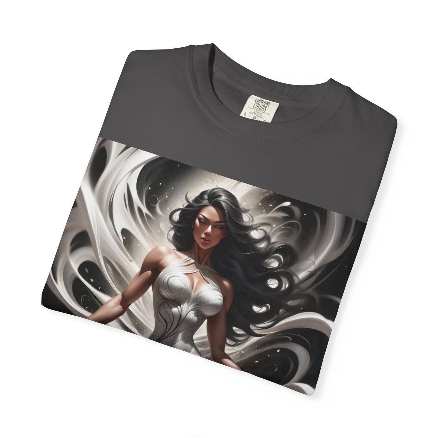 Goddess Art T-Shirt — Elegant White-Draped Fantasy Woman Print