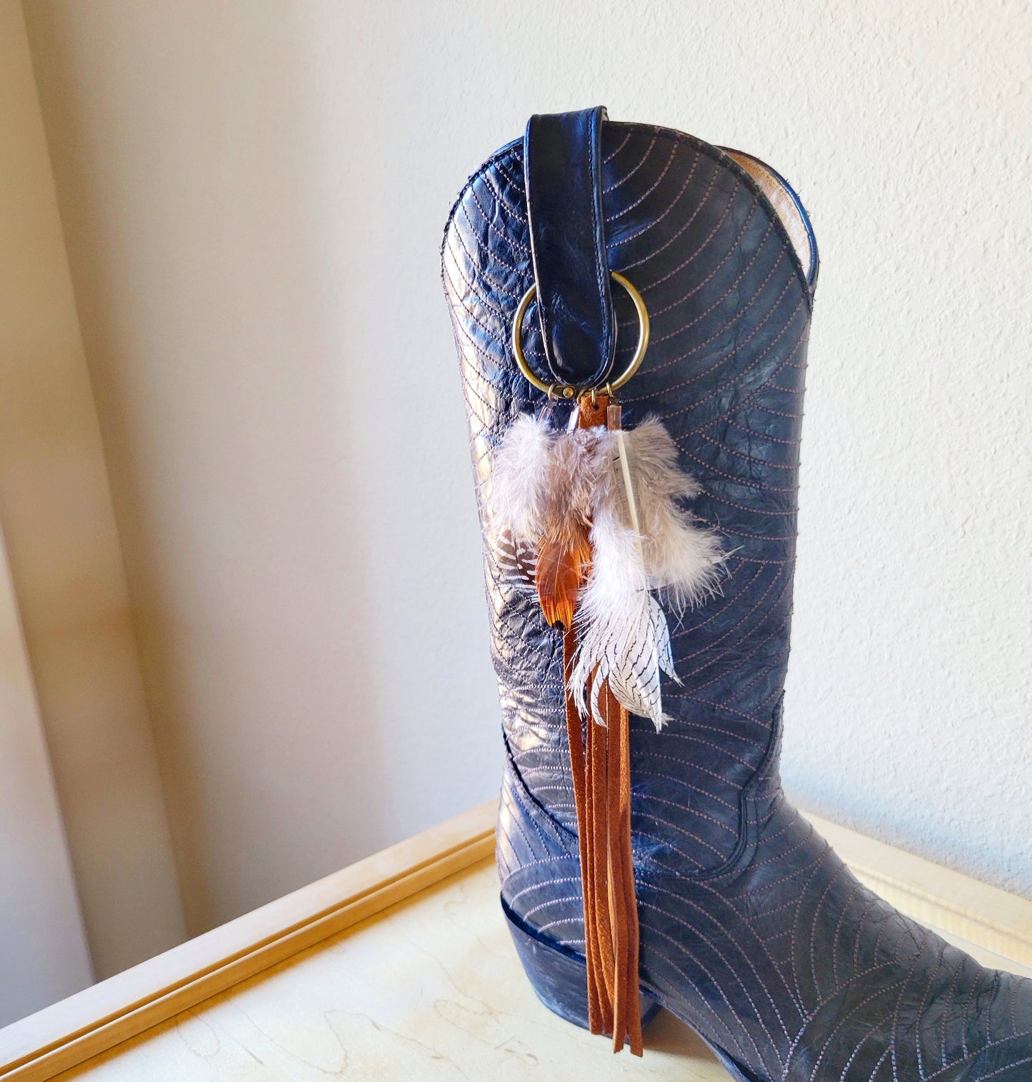 Boho Western Boot Bling Charm with Leather Fringe Cognac 500e-2