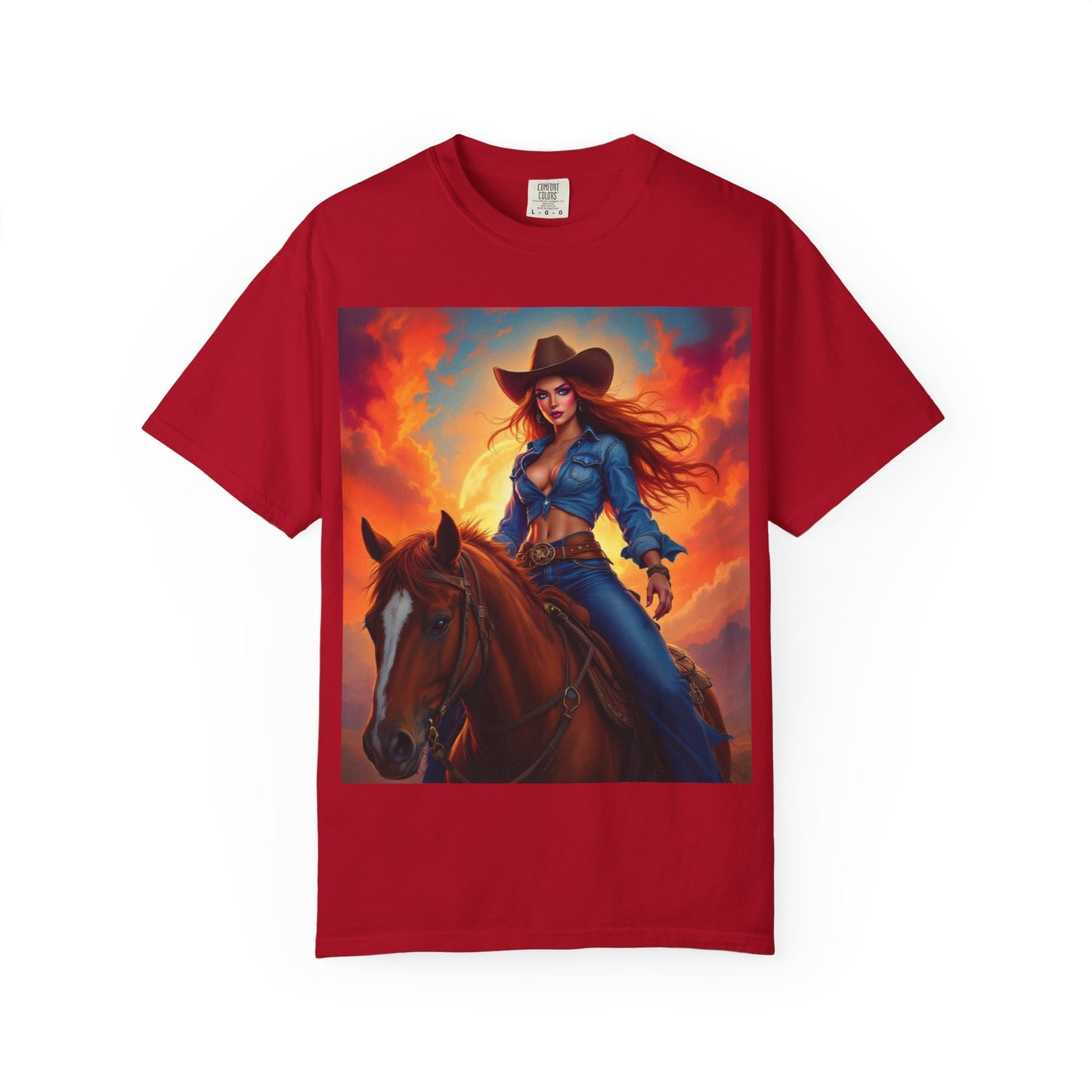 Cowgirl on Horseback T-Shirt — Western Sunset Graphic Tee