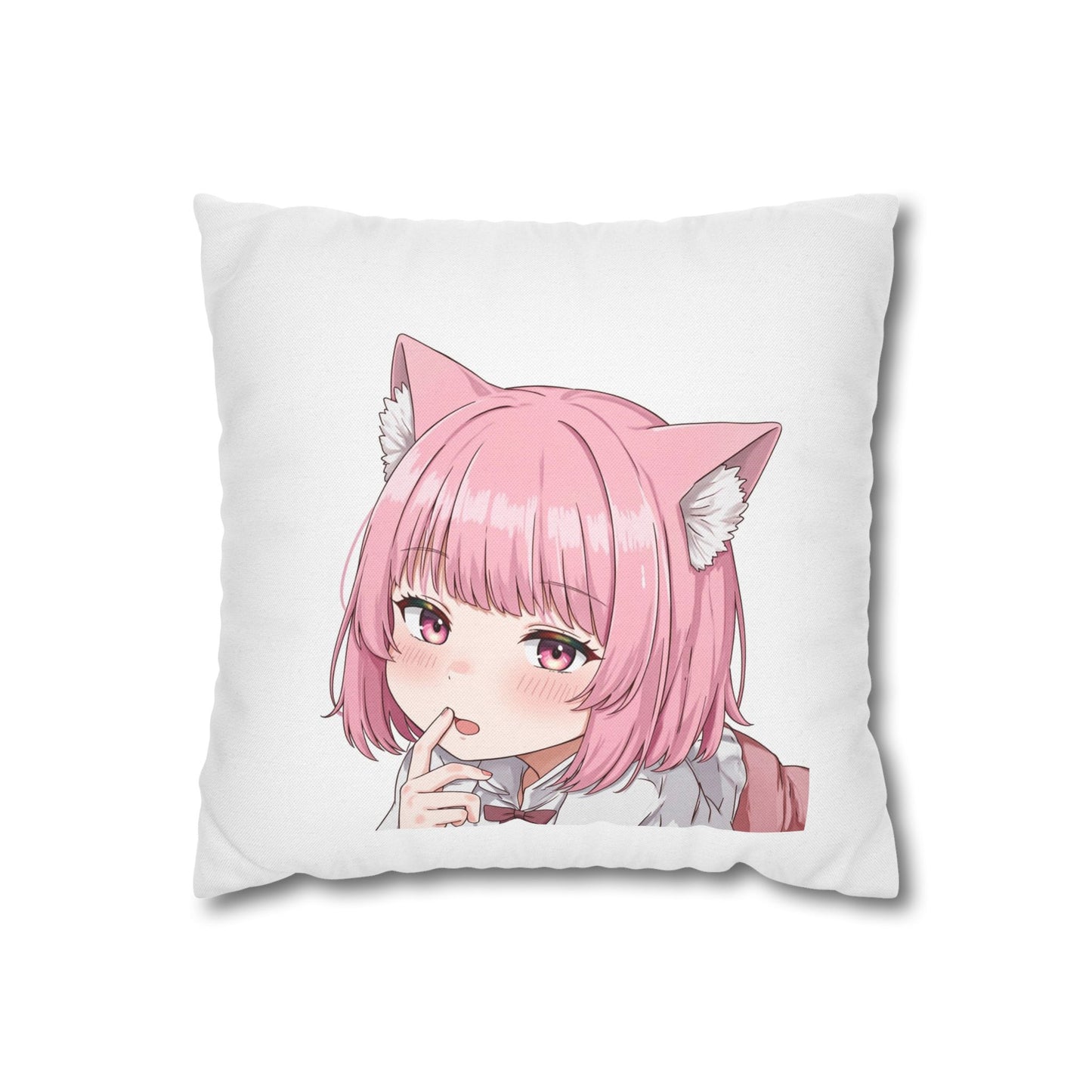 Anime Catgirl Pillowcase — Pink Neko Girl Decorative Throw Pillow