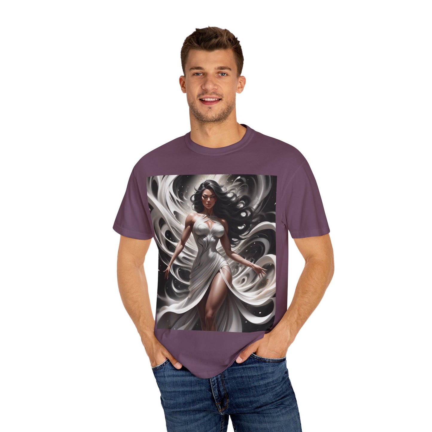Goddess Art T-Shirt — Elegant White-Draped Fantasy Woman Print