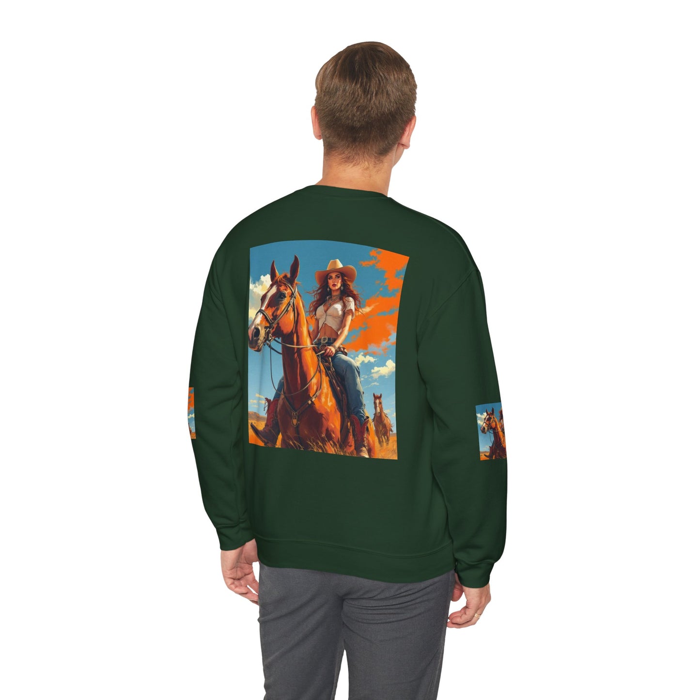 Cowgirl Riding Horse Sweatshirt — Western Sunset Graphic Crewneck