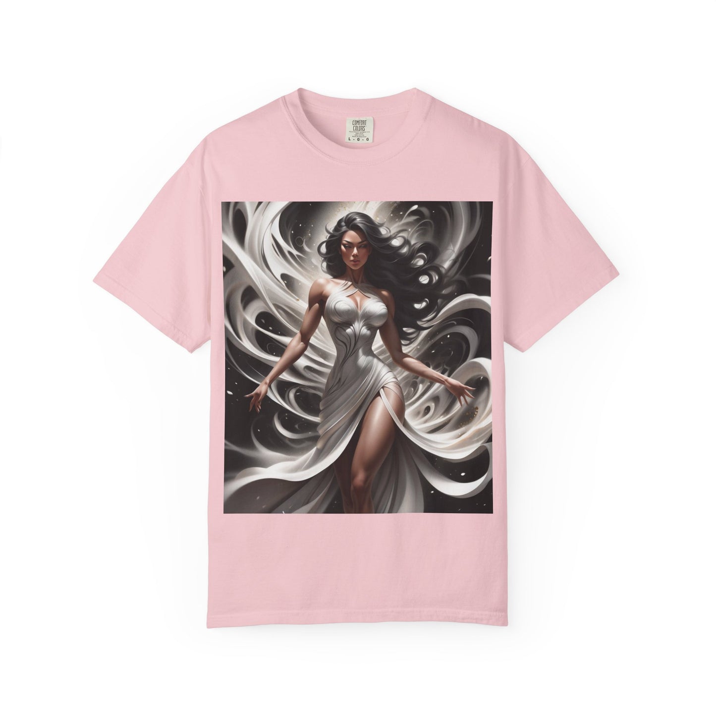 Goddess Art T-Shirt — Elegant White-Draped Fantasy Woman Print