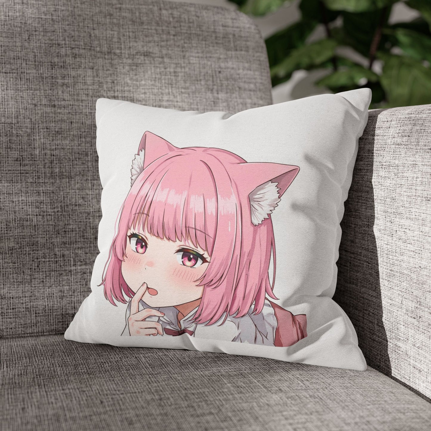 Anime Catgirl Pillowcase — Pink Neko Girl Decorative Throw Pillow