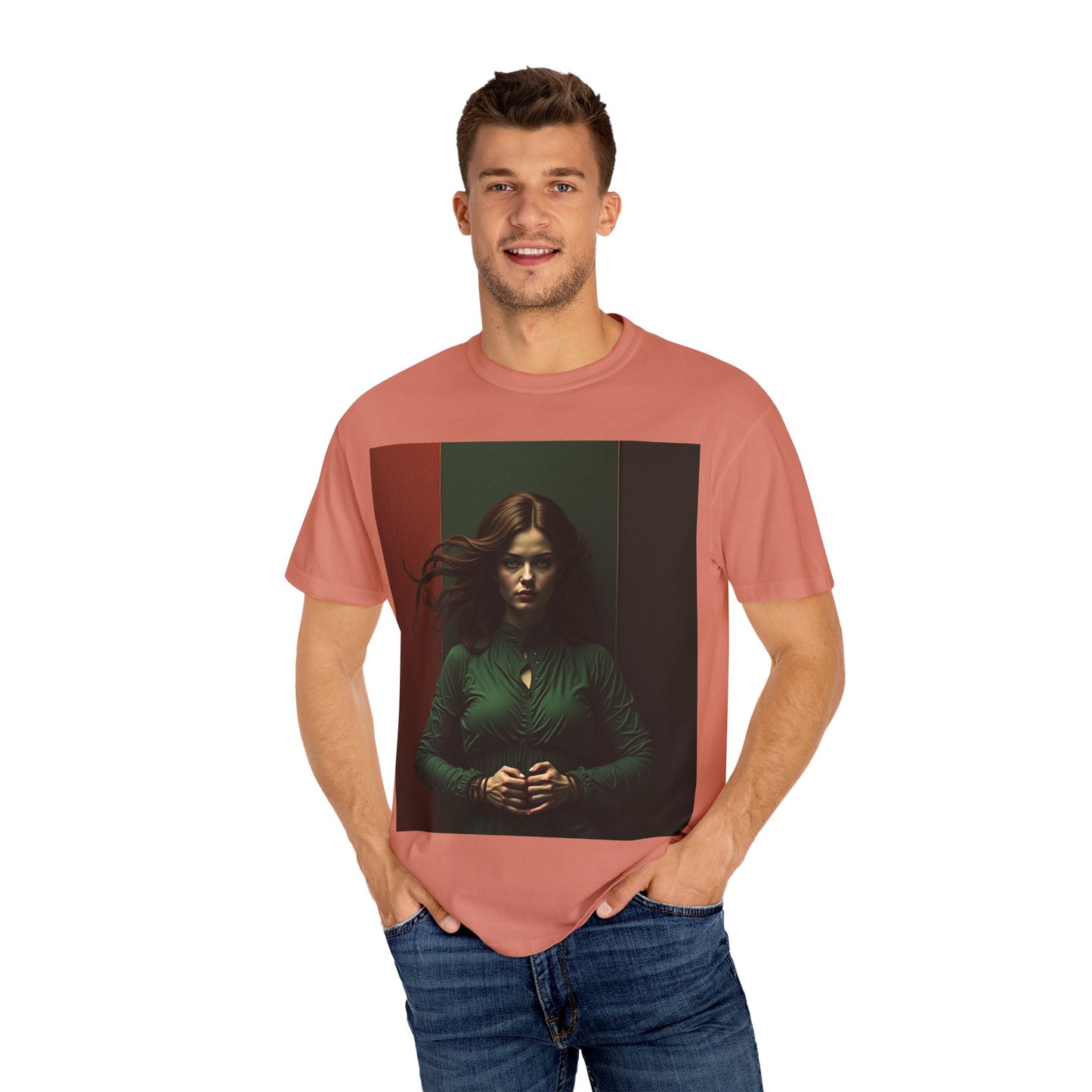 Portrait Photo Tee — Moody Green Woman Graphic T-Shirt