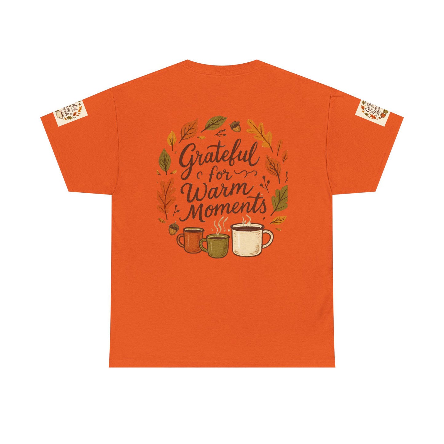 Grateful for Warm Moments Tee | Autumn Leaves, Coffee Mugs, Cozy Fall Design